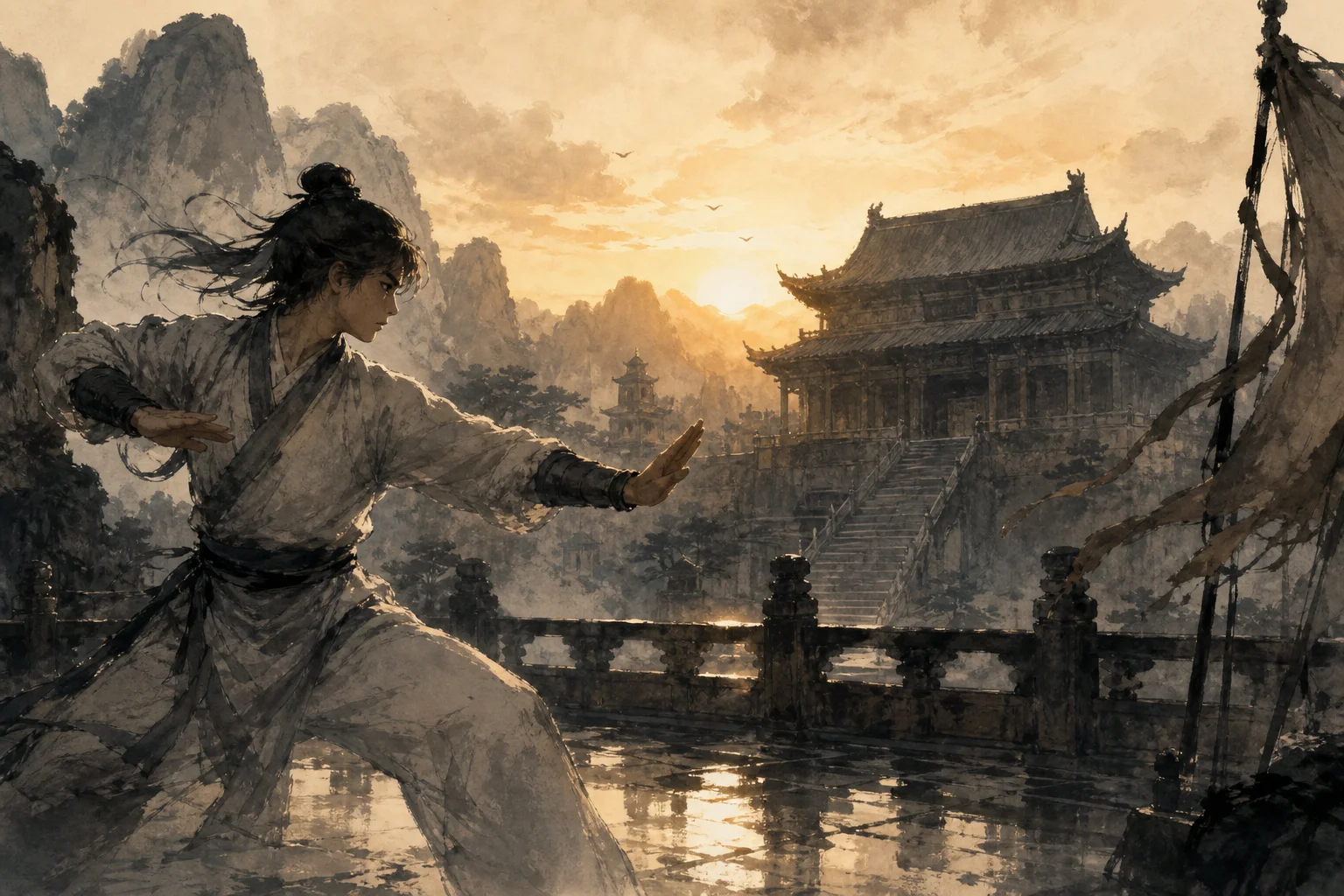 Young heir training at dawn while ancestral hall looms — personal choice versus clan duty in wuxia mood