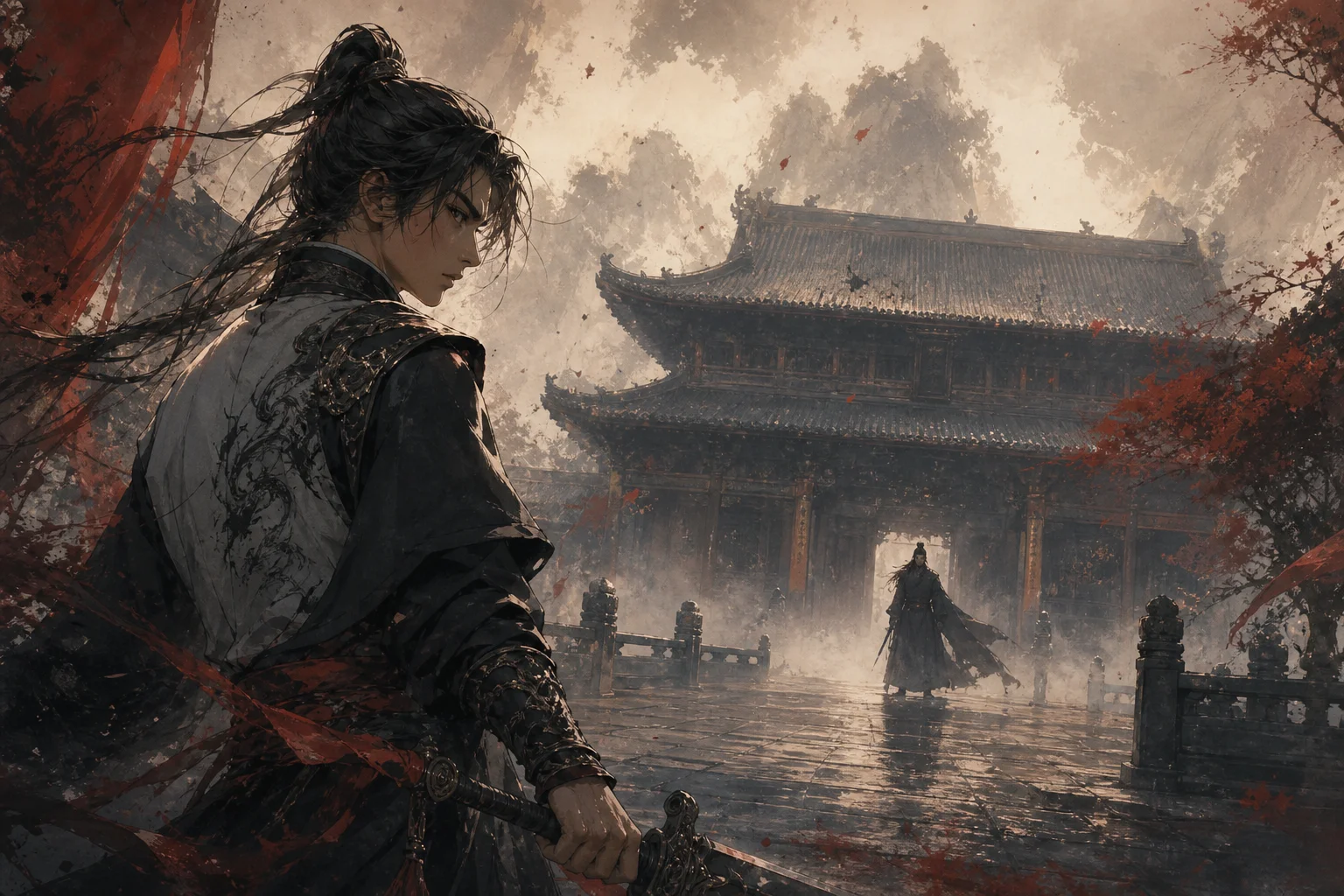 Taiwu clan heir standing before ancestral tablets while a shadowed rival figure waits across a misty courtyard