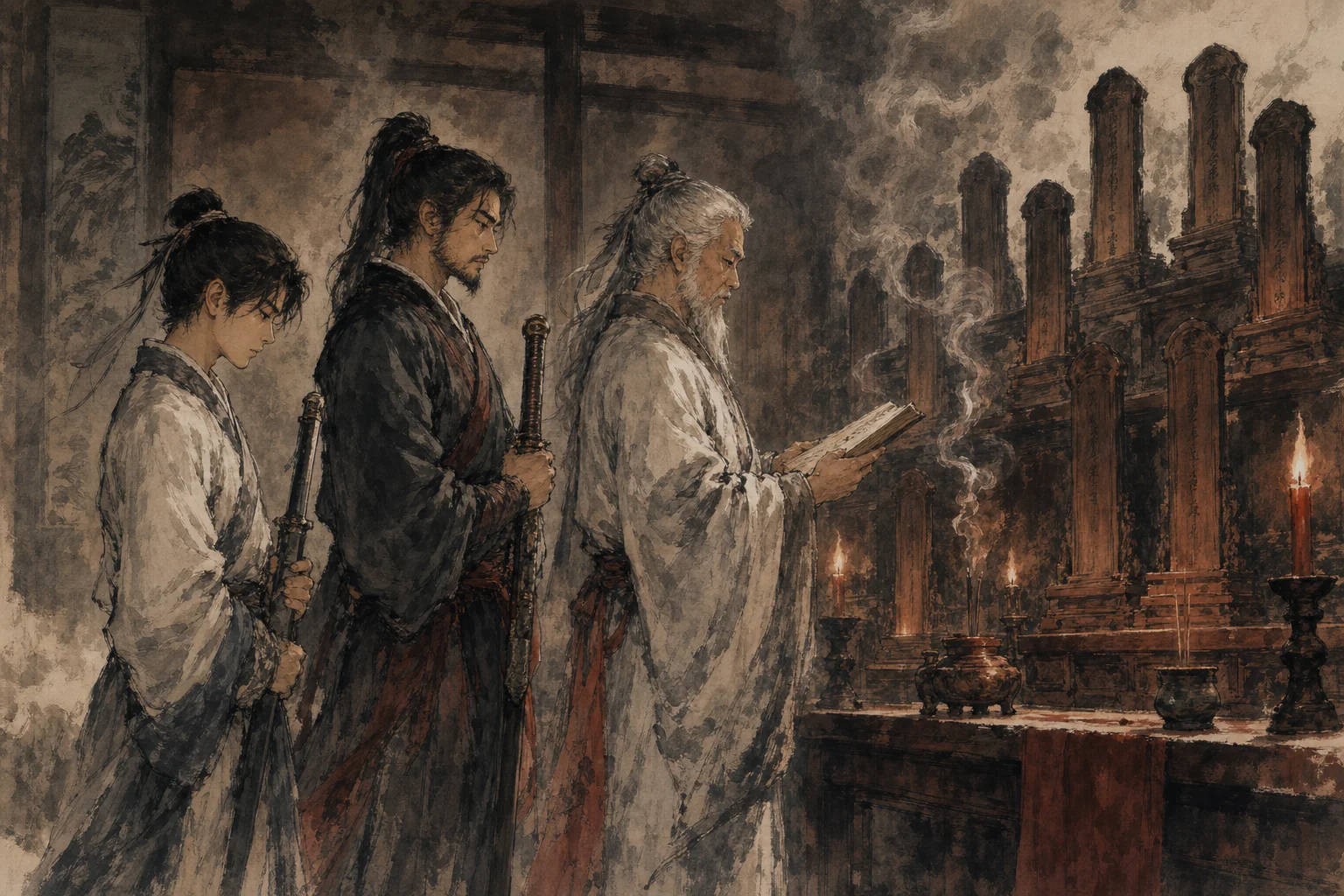 Three figures in successive Chinese martial robes stand before ancestral tablets — young, middle-aged, and elder — suggesting generational succession