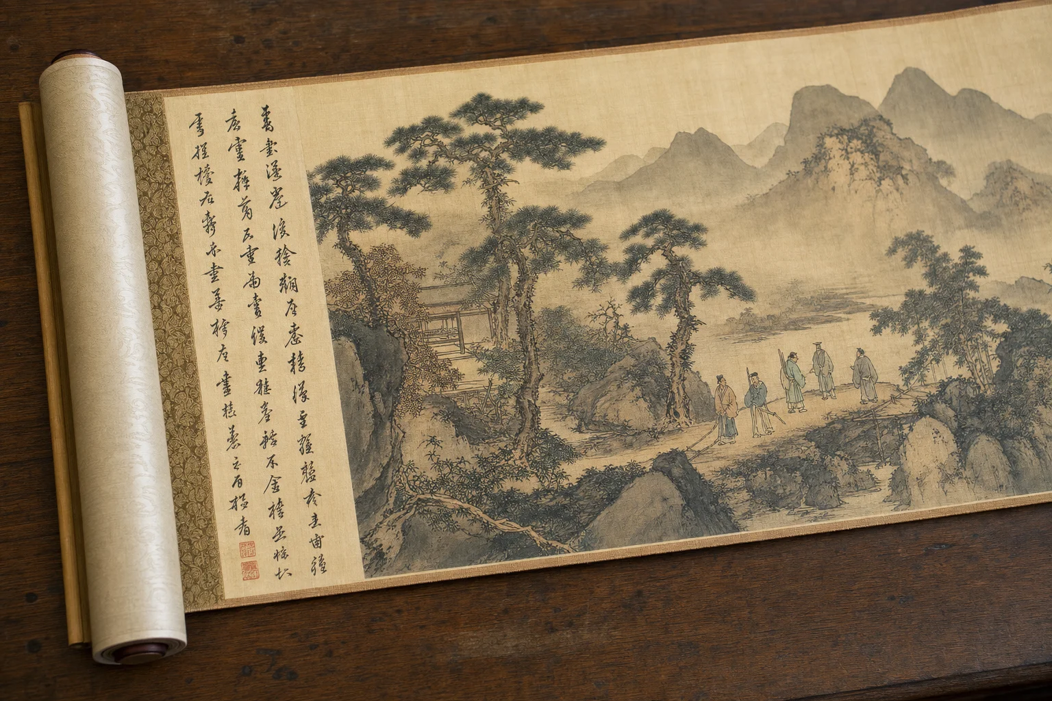 Close view of a classical Chinese handscroll painting — mountains, figures, and calligraphy columns along the silk edge