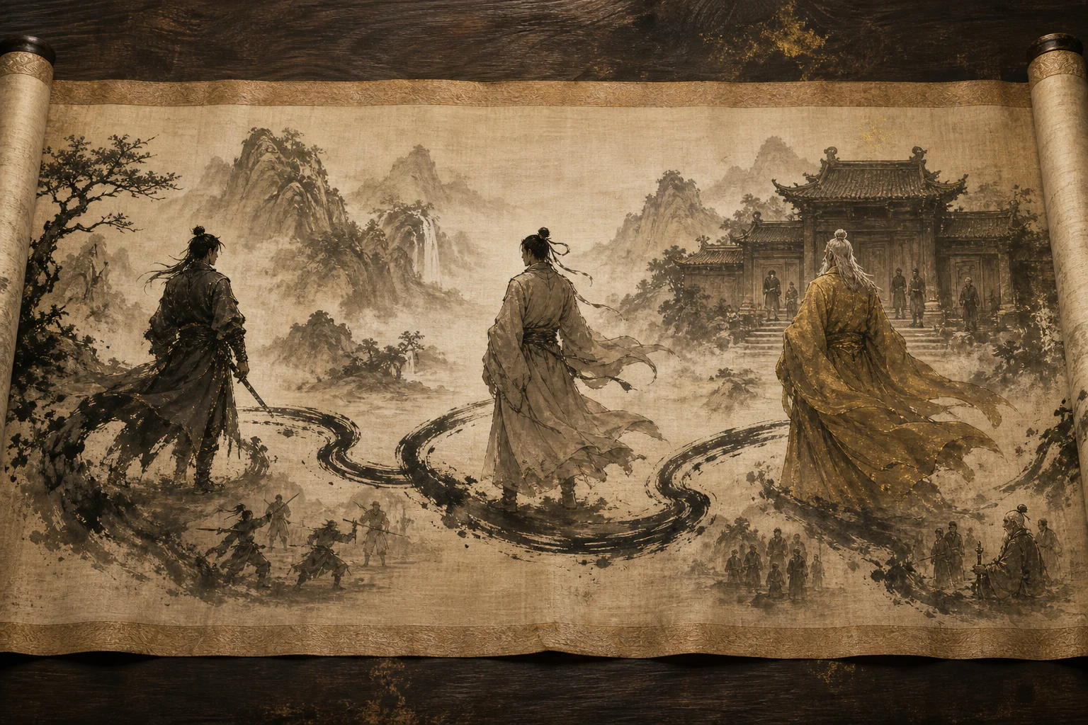 An unfurled Chinese painted scroll showing silhouettes of martial heirs across generations, linked by ink-brush lineage lines
