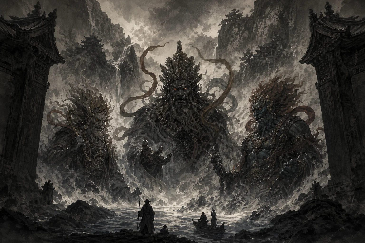 Three-path underworld motif — demonic forms rising from river mist between mountain gates
