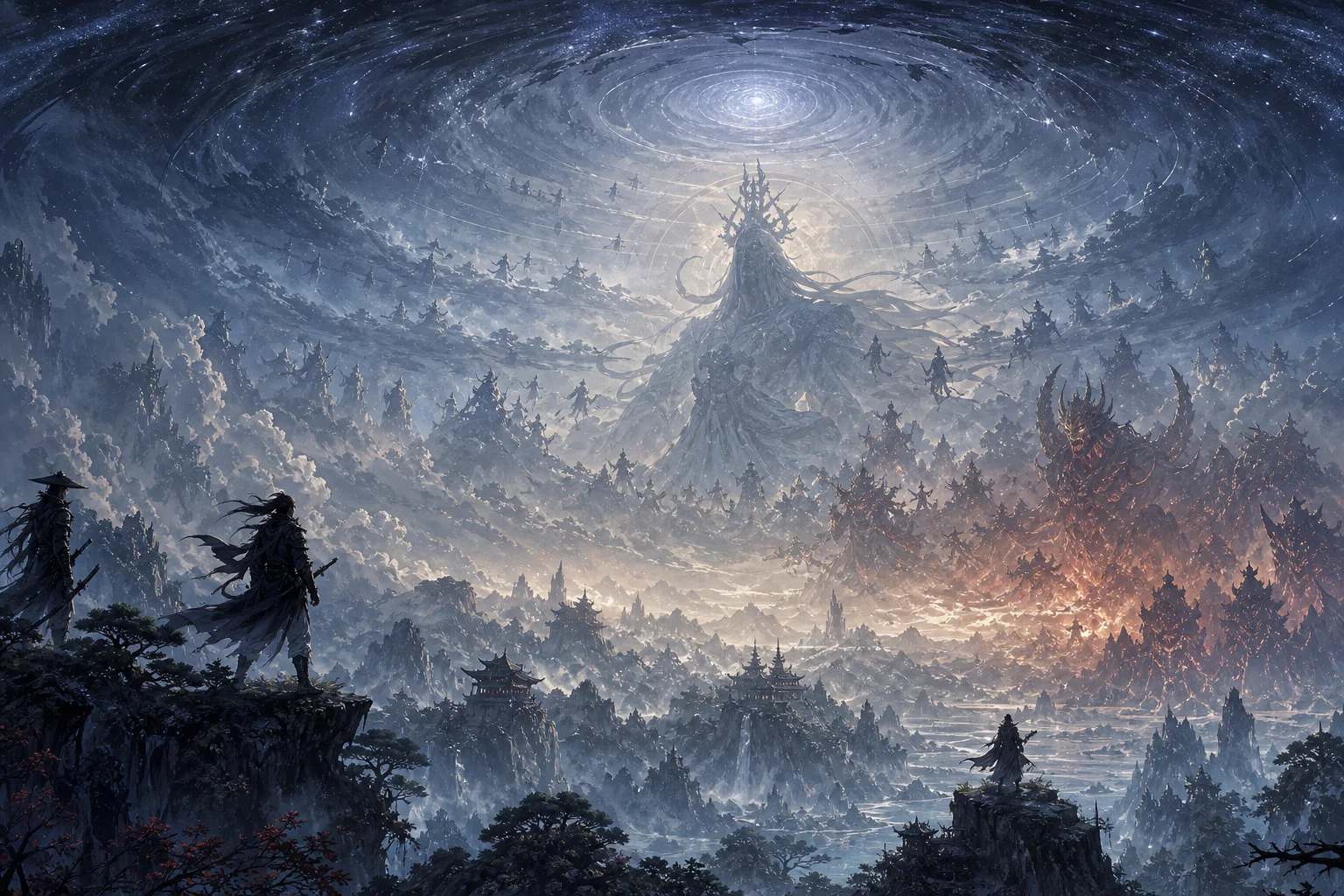 Cosmic ink-wash sky dome over jianghu mountains — mythic host silhouette and demonic forms at the horizon