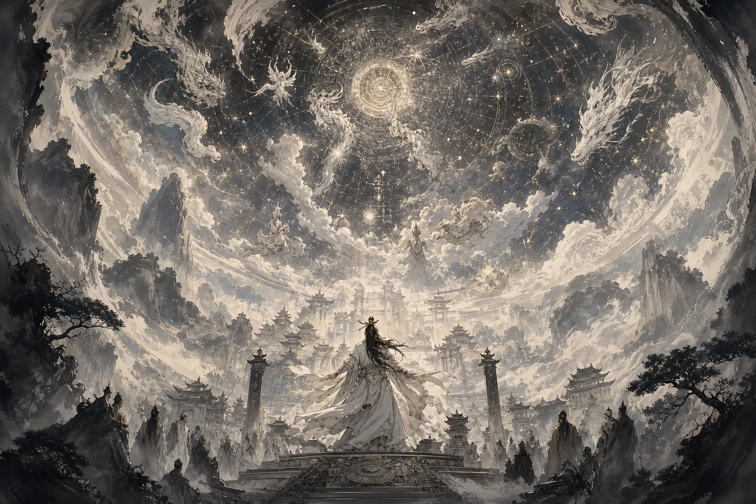 Mythic figure beneath a vast sky dome — host and canopy imagery in ink-wash cosmic wuxia style