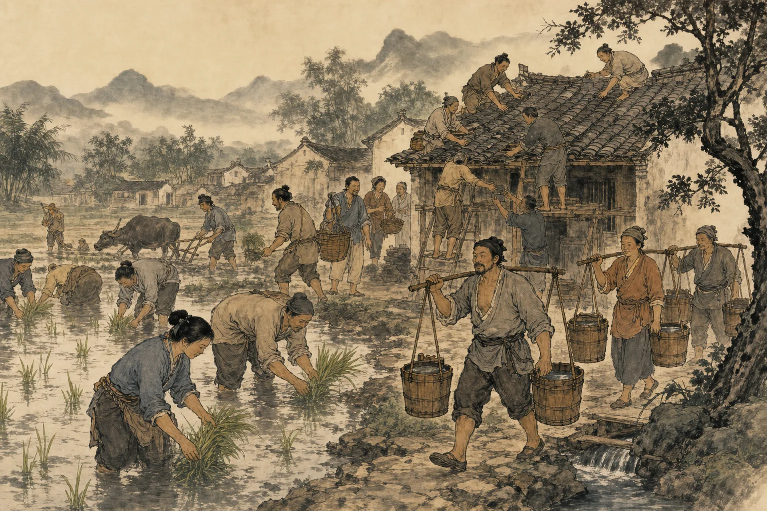 Villagers working fields and repairing tile roofs — communal rural labor in ink-wash style