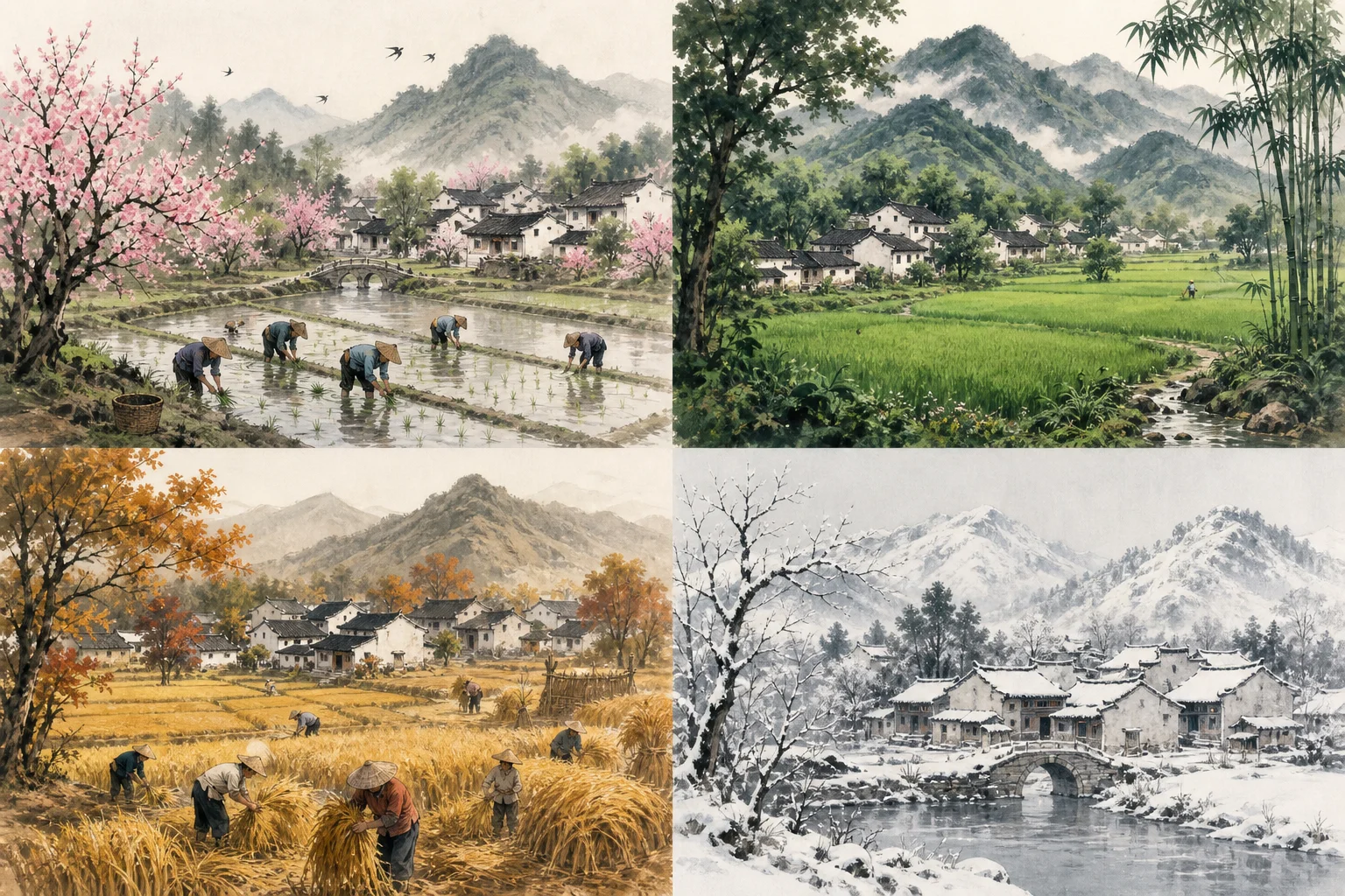 Four-panel ink-wash seasons — spring planting, summer green fields, autumn harvest, winter snow on village roofs