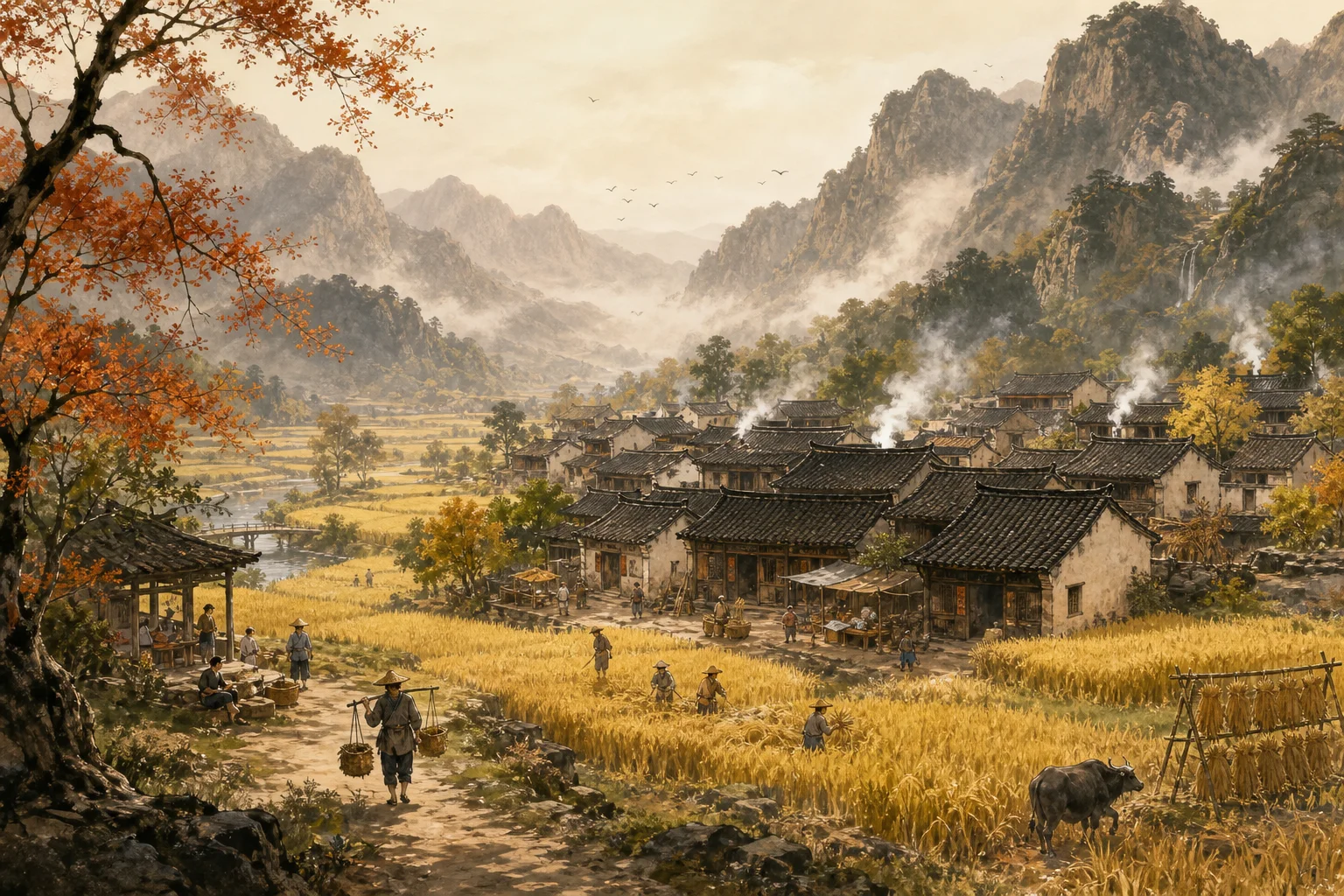 Peaceful Chinese village at harvest time — tiled roofs, fields, smoke from kitchen stoves, and distant mountains