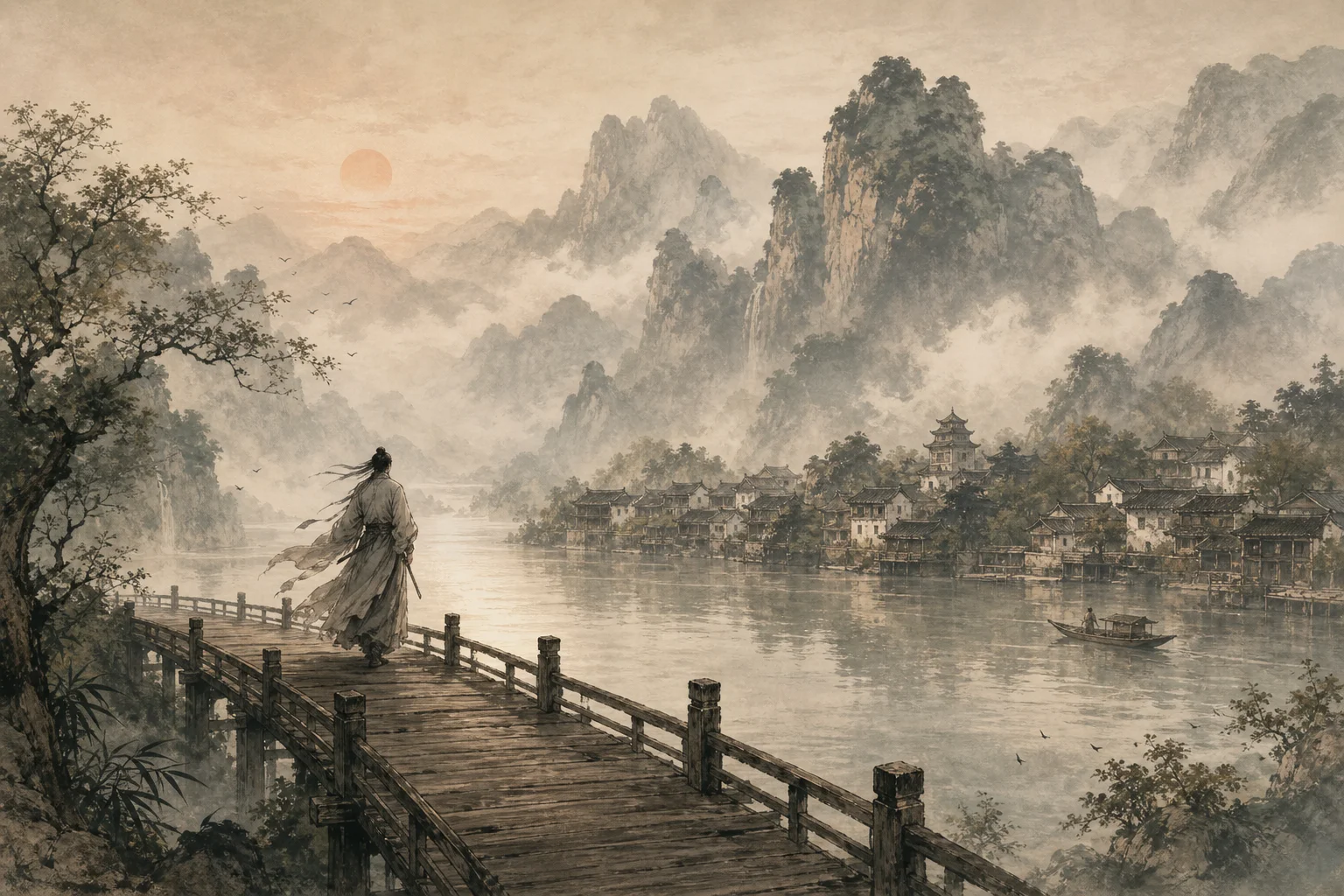 A lone martial artist crosses a misty river while distant mountains and a riverside town fade into ink-wash haze