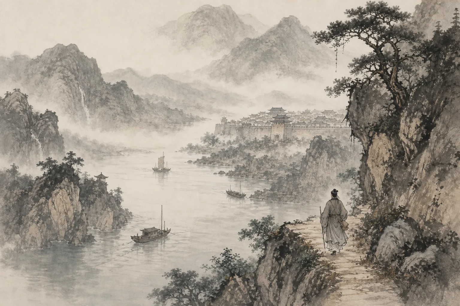 Ink-wash landscape — a wide river, fishing boats, and a traveler on a cliff path toward a distant walled town