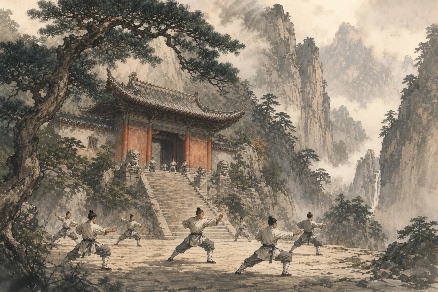 Mountain monastery gate with stone steps — disciples train in the courtyard below pine trees