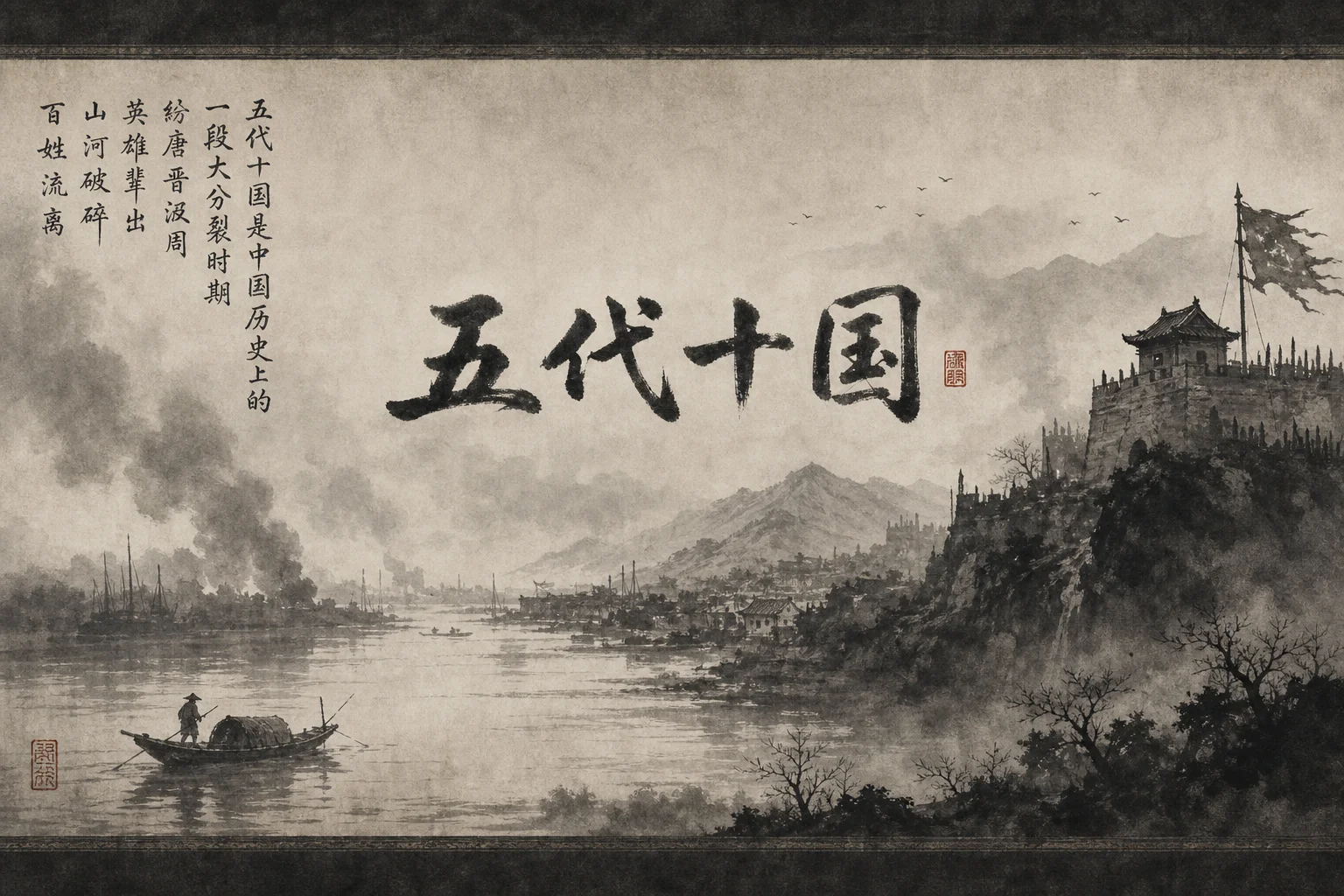 A fractured map of tenth-century China — northern dynasties and southern kingdoms under ink-wash clouds