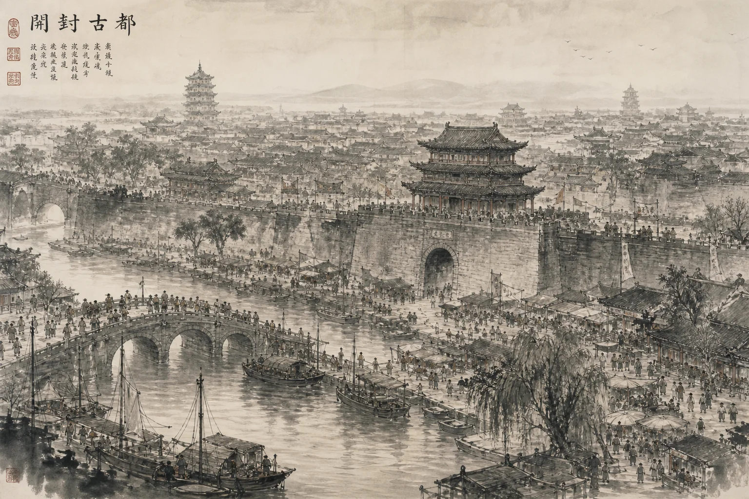 Walled city gates and distant mountain passes — prosperity and frontier tension in one frame