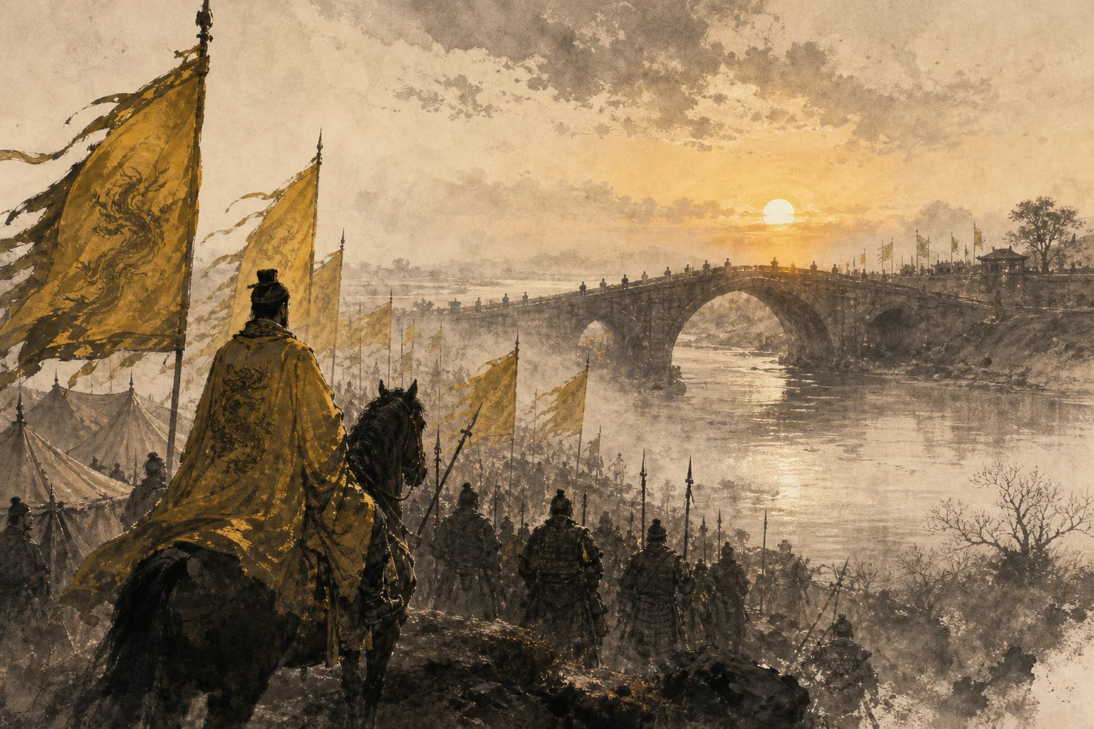 Chen Bridge at dawn — soldiers and banners suggesting the 960 founding of the Song