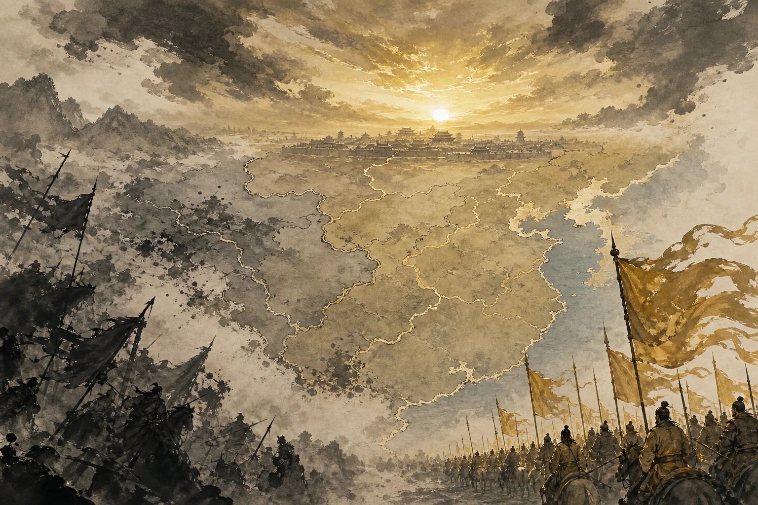 Winds converging over a fractured map — the Song reunification horizon at 960 AD