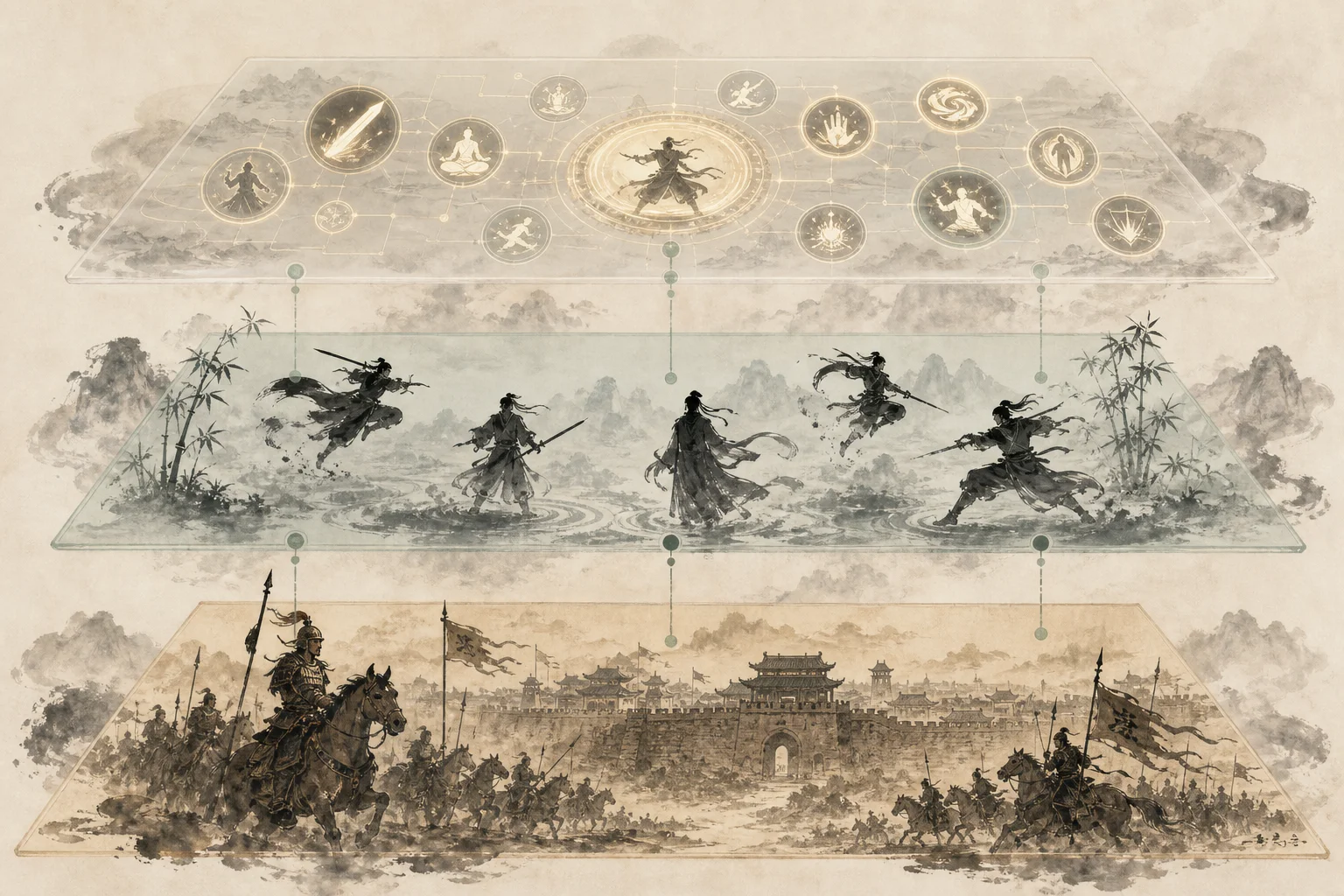 Three-layer diagram — documented history, wuxia genre, and game fiction stacked for Where Winds Meet