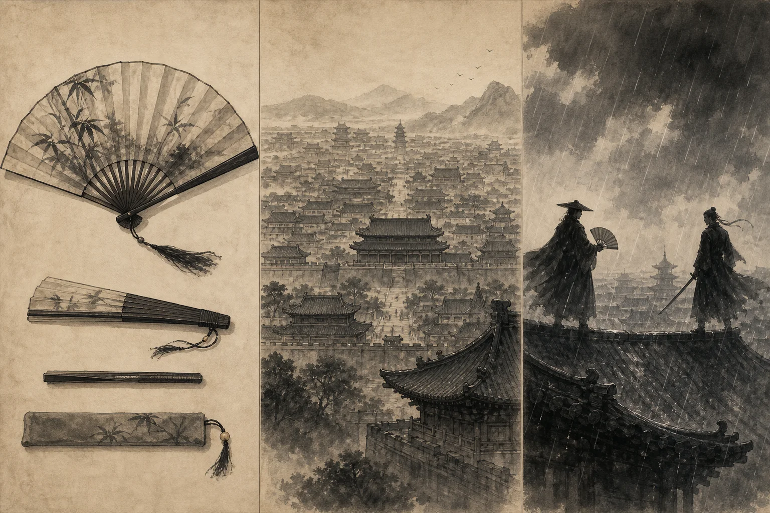Wide ink-wash lookup panel — game element, historical echo, and genre tag side by side
