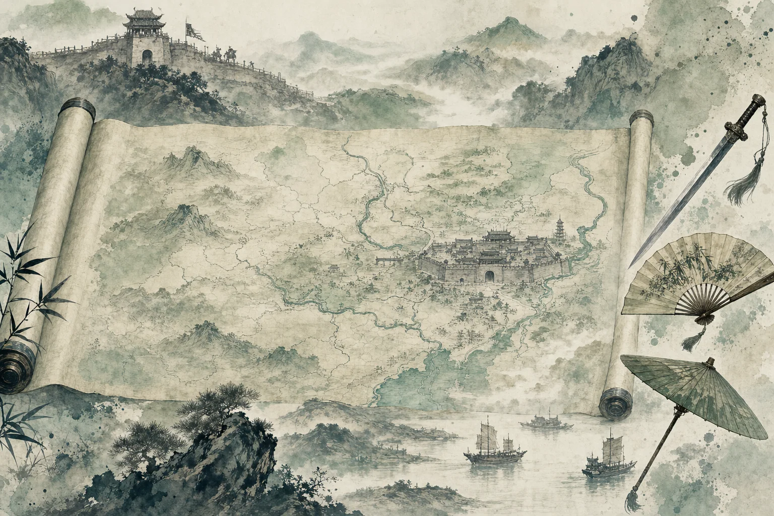 Where Winds Meet game elements mapped to Five Dynasties history and wuxia tradition — ink-wash quick reference