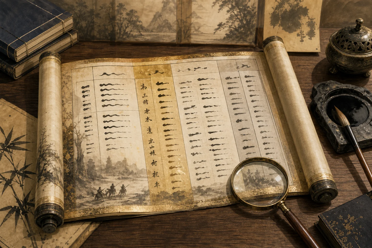 An open reference scroll — Where Winds Meet glossary of Five Dynasties and jianghu terms