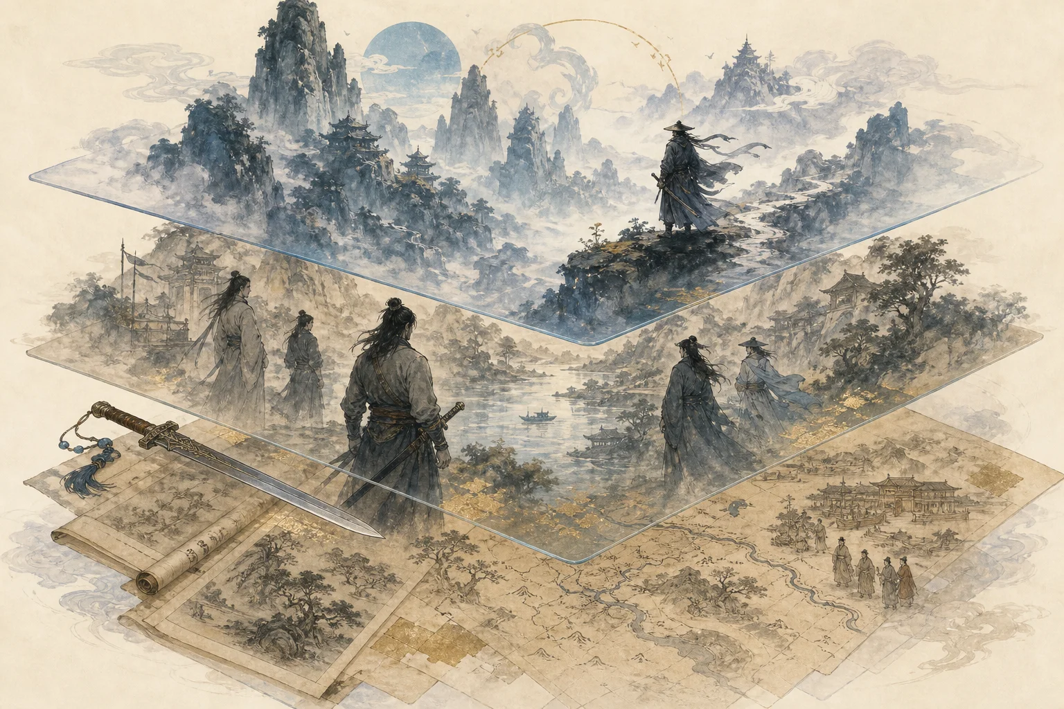 Diagram concept — history, wuxia genre, and game fiction as three stacked layers