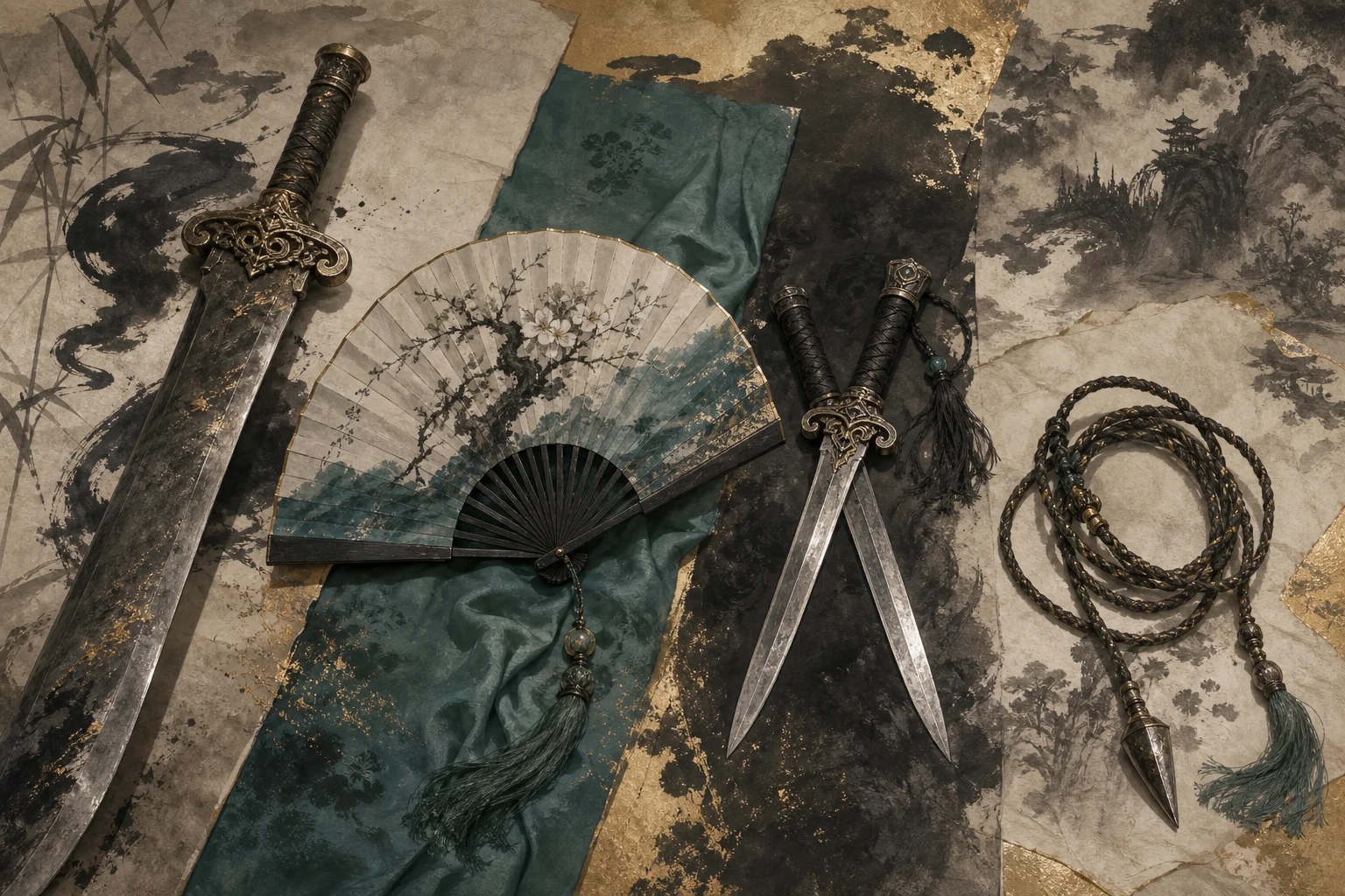 Four symbolic objects for four sects — heavy blade, healing fan, twin blades, rope dart