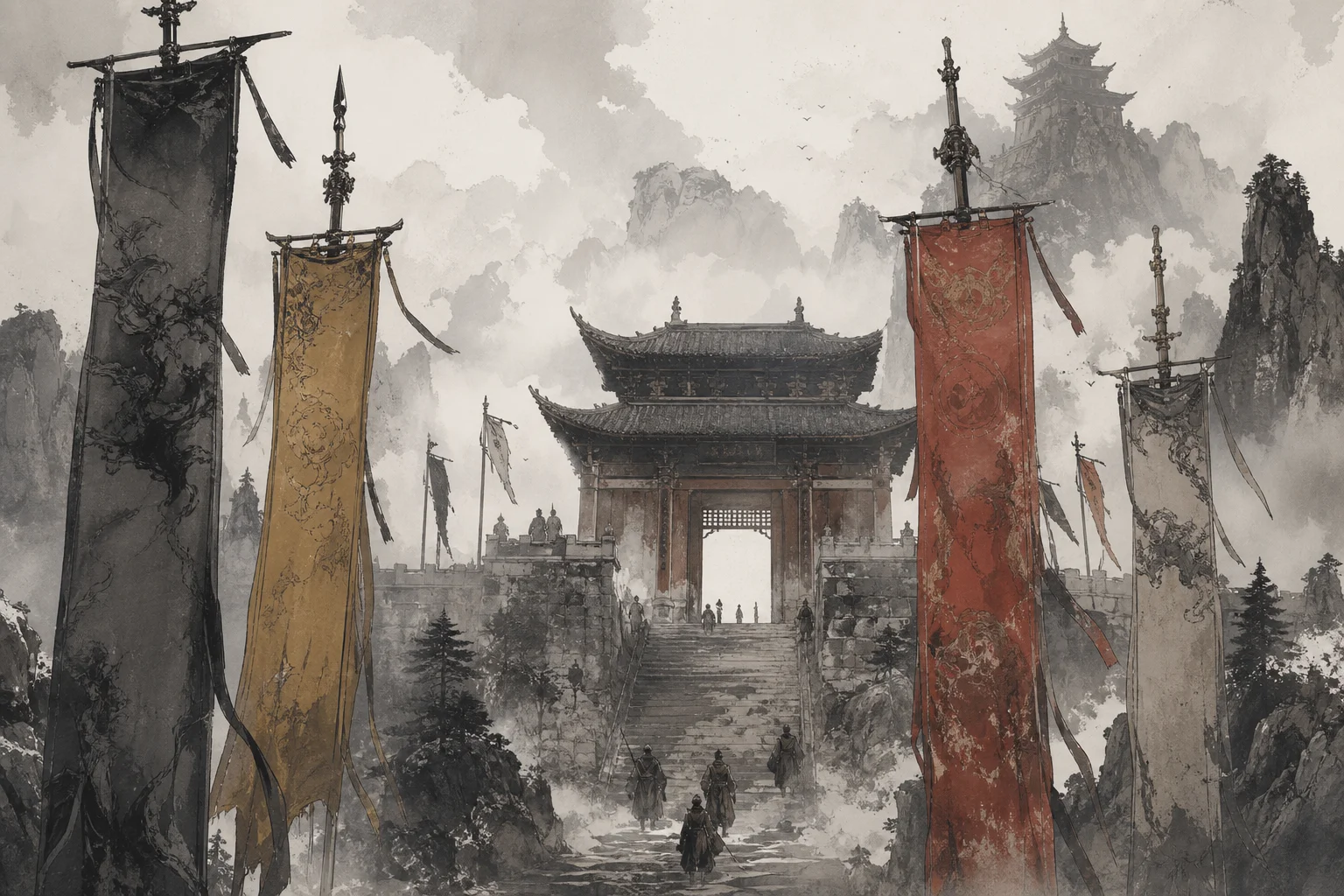 Martial sect banners above a misty jianghu mountain gate — schools of code and style