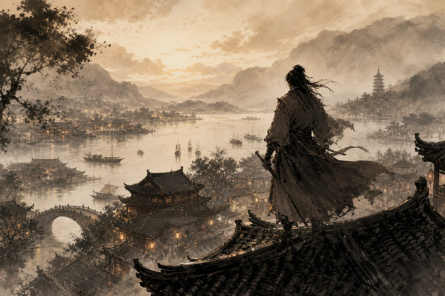 A lone youxia crosses rooftops above a riverside town — the wandering world of jianghu