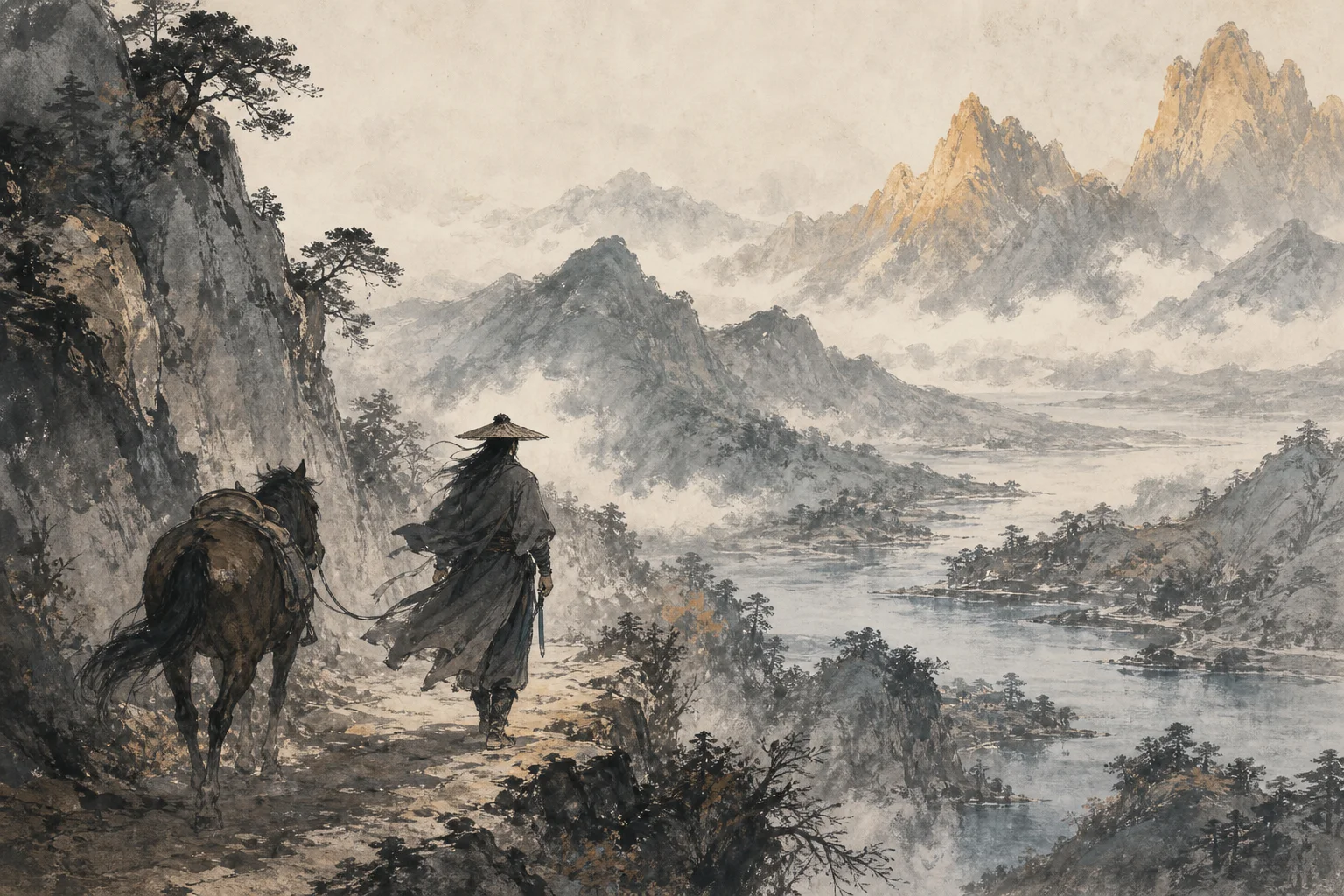 Wandering martial artist on a mountain path — the youxia ideal of freedom and skill