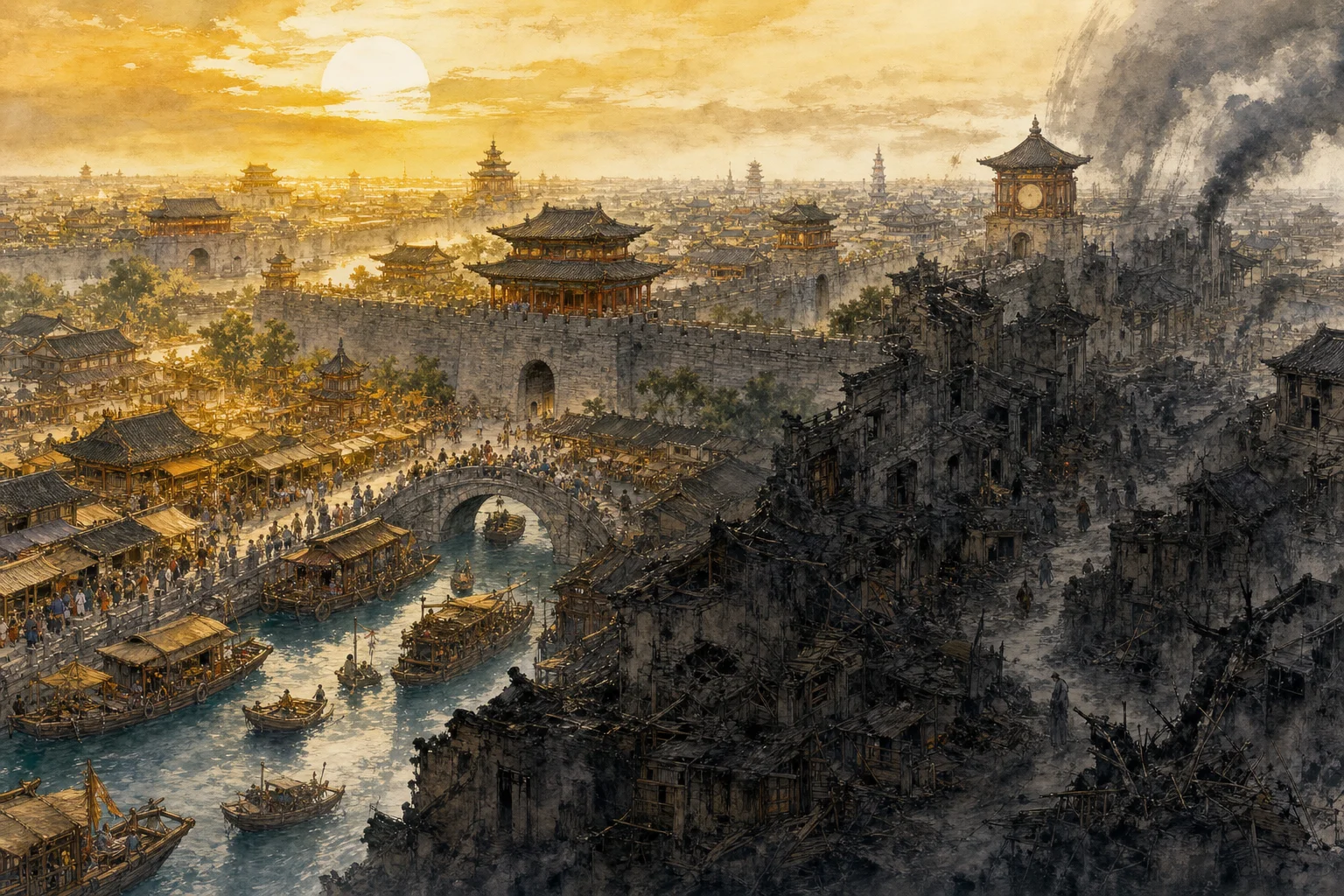 Kaifeng — a walled imperial city of markets and canals, prosperity beside shadow in ink-wash light