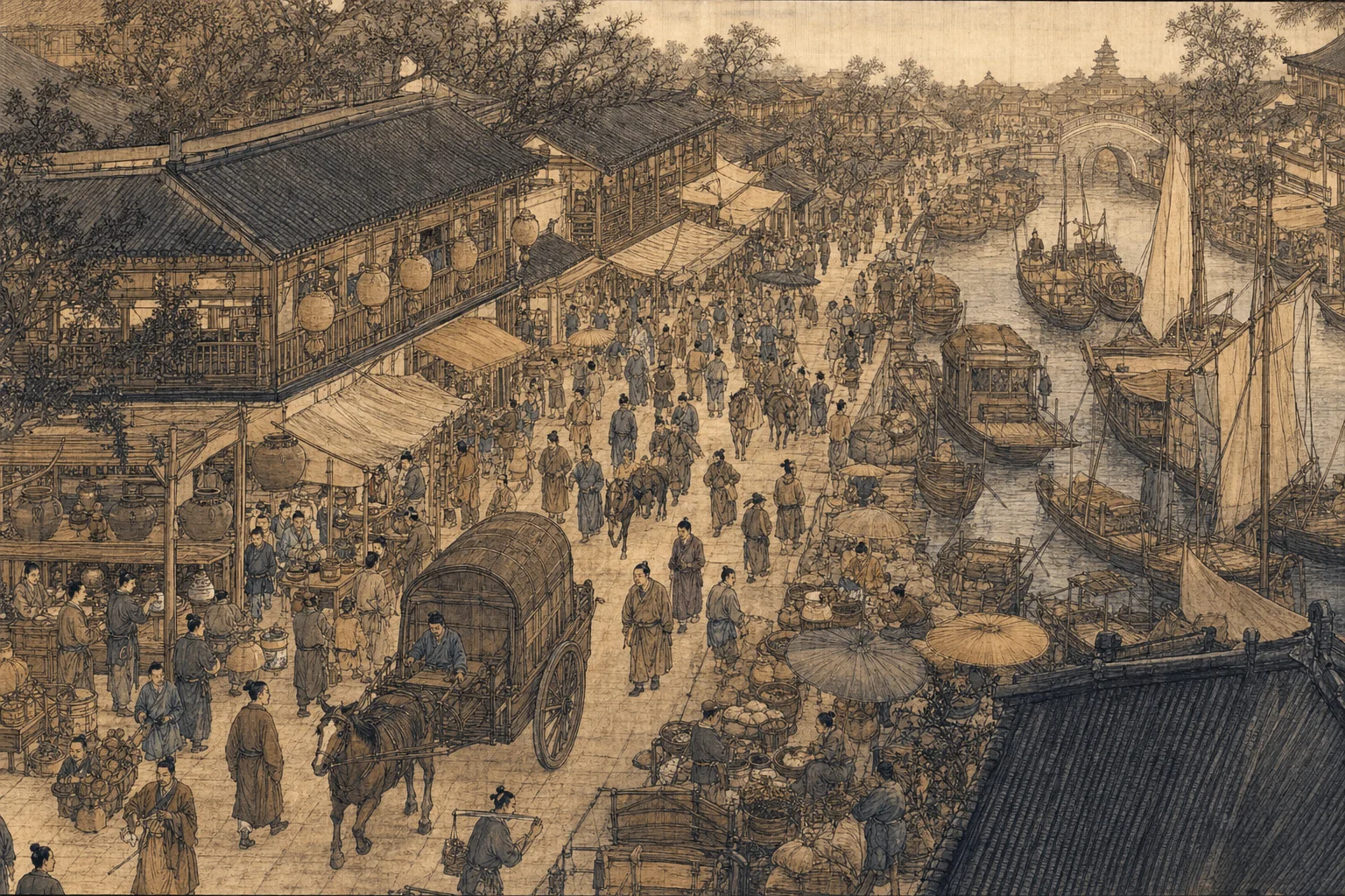 Ink-wash evocation of bustling Song-style market streets — the urban research mood behind Kaifeng