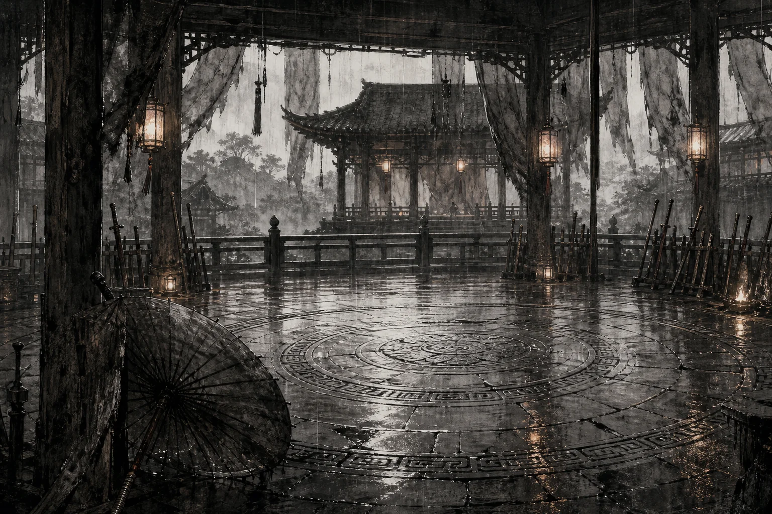 Lantern-lit dueling ground in the rain — arena PvP as ritualized blood and rain