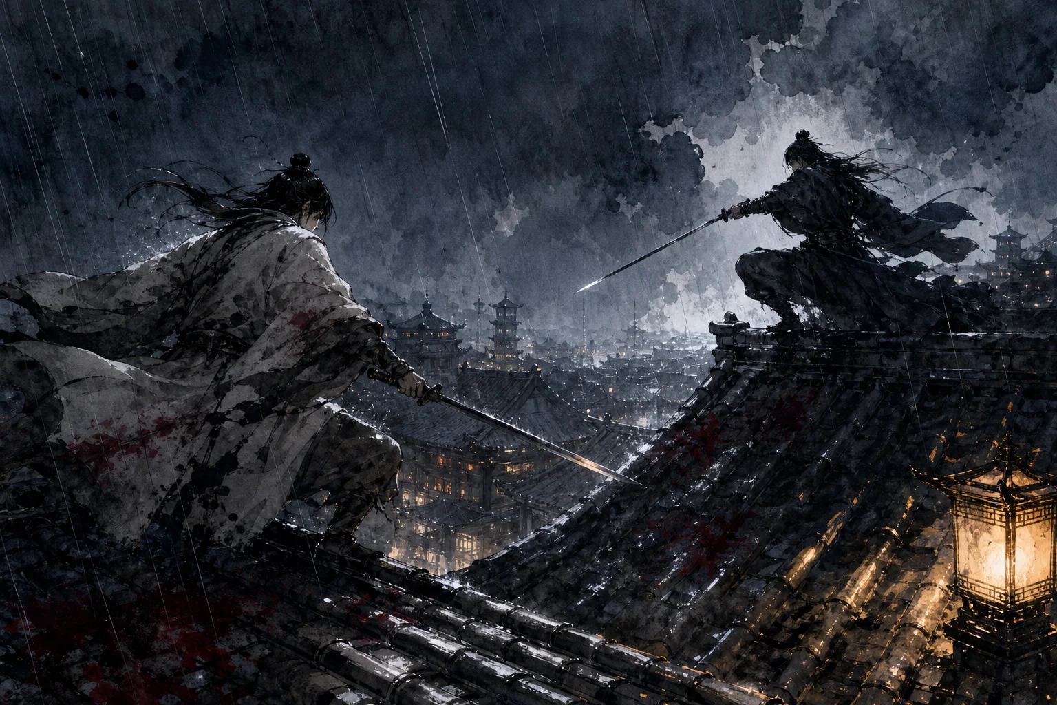 Two youxia duel on a rainy rooftop — jianghu as living weather of alliances and blood