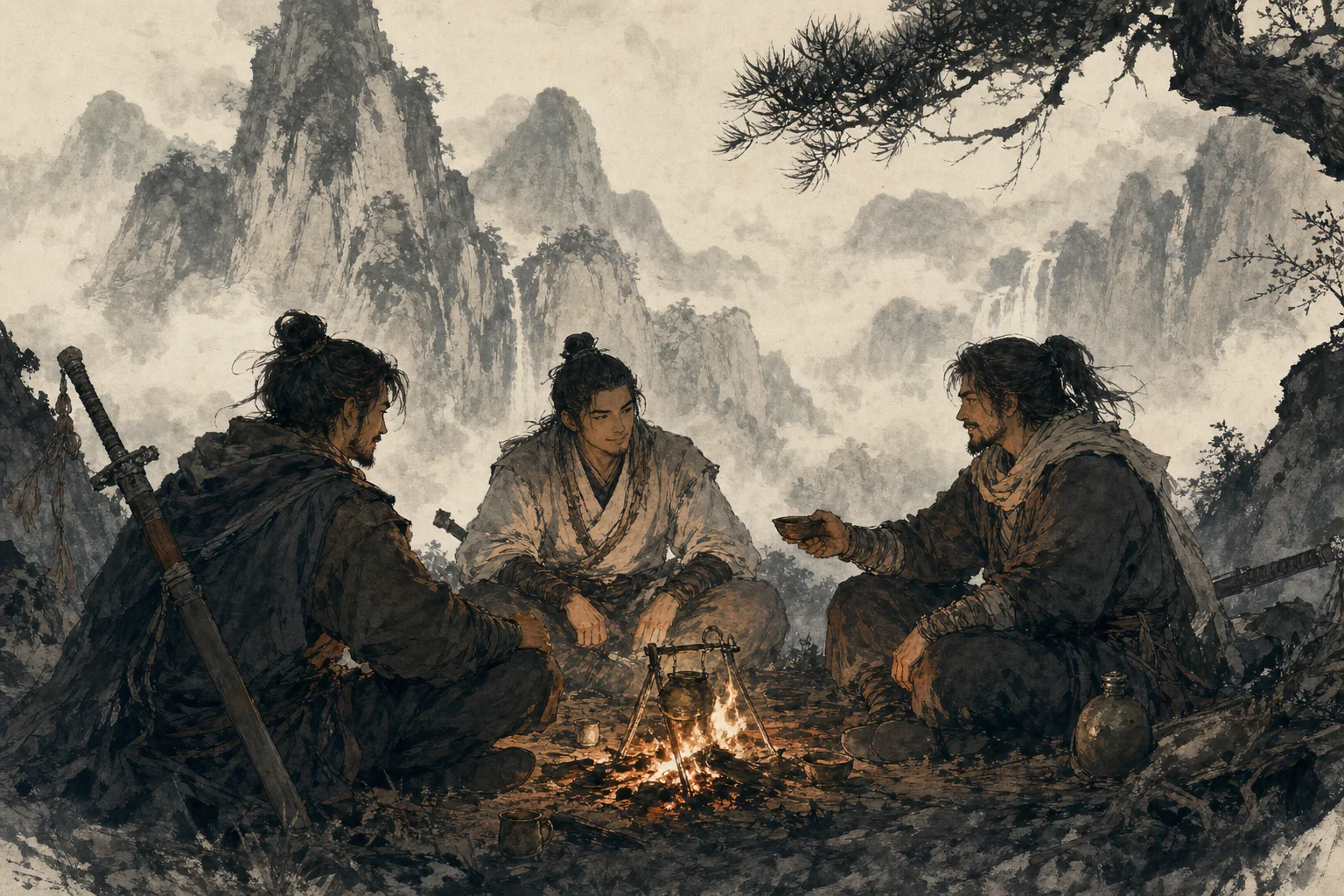 Three wanderers share a campfire under mountains — co-op as sworn fellowship