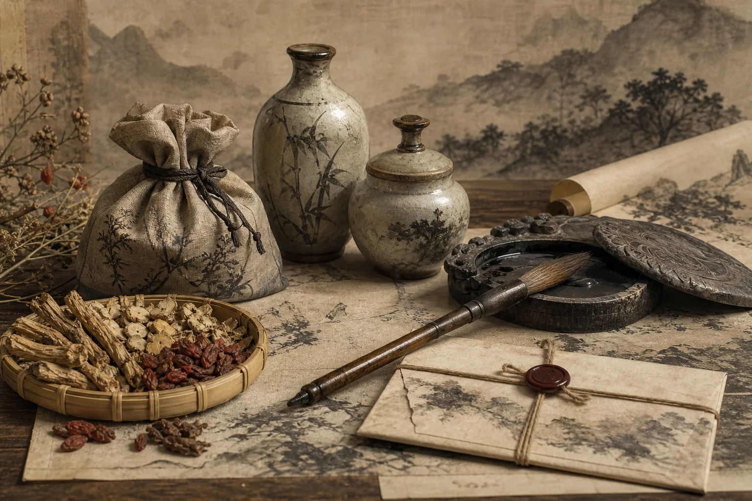 Herb pouch and calligraphy brush — healer and scholar tools of soft power