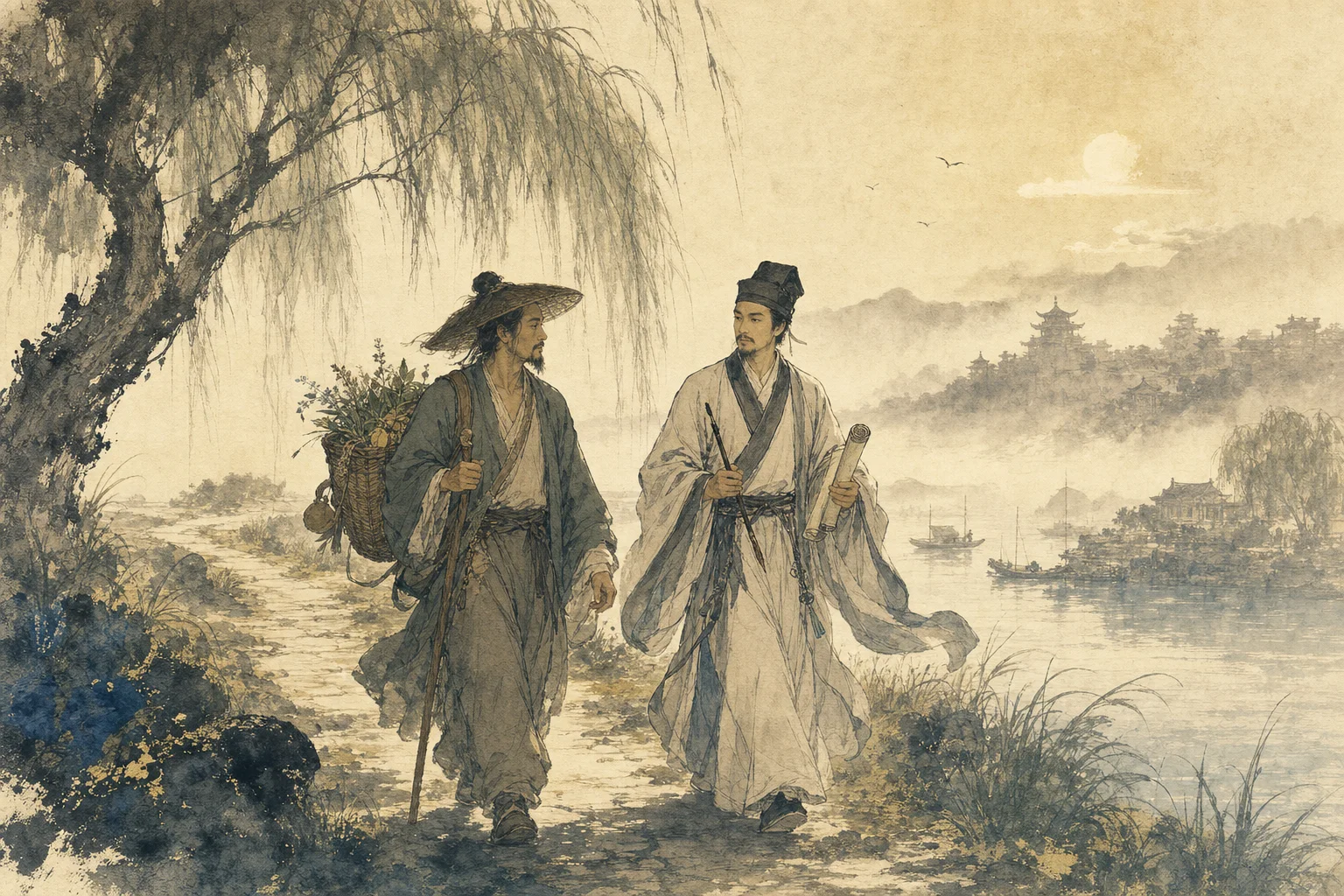 Wandering physician and debate scholar on a river road — jianghu life paths beyond the sword