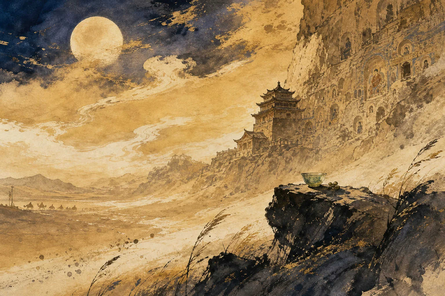 Hexi frontier corridor — desert light, distant pagodas, and ink-wash sky like a Tang poem