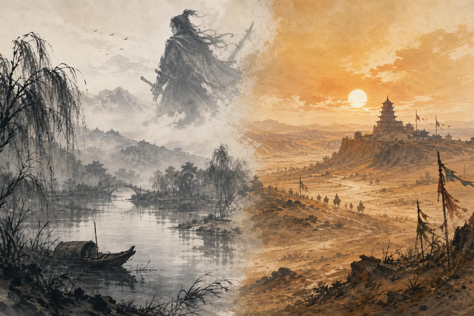 Qinghe's misty rivers and Hexi's desert frontier — two regional moods in one ink-wash panorama