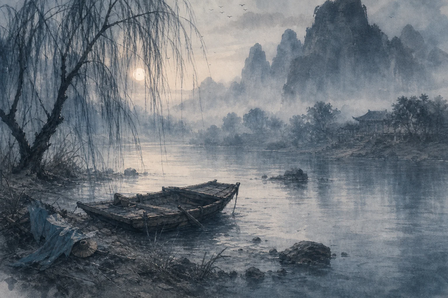 Misty Qinghe riverbank — a vanished xiake legend suggested by empty boat and willow