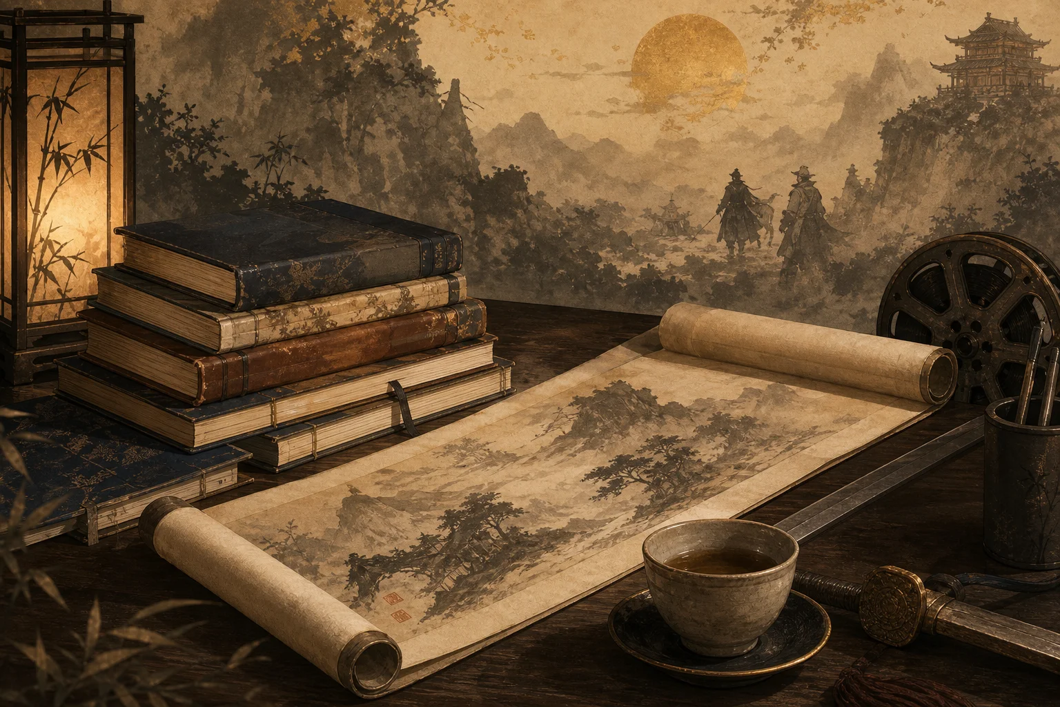 Stacked history books, a wuxia novel, and a game screen — further reading for Where Winds Meet fans