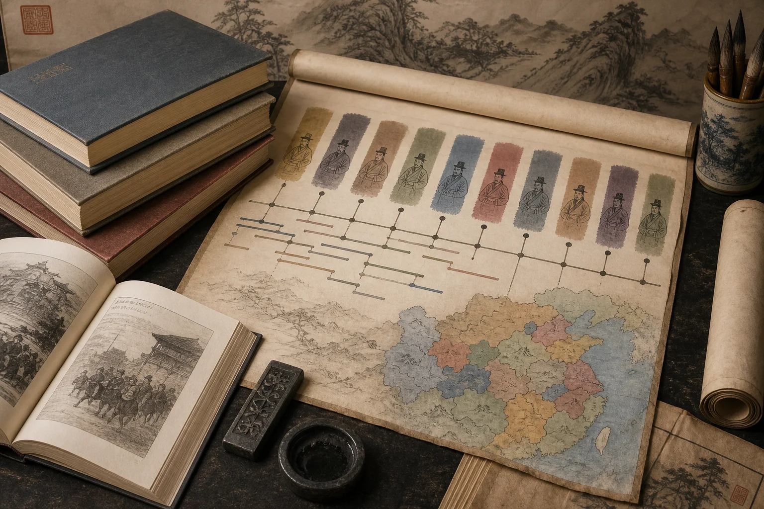 English-language Chinese history volumes and a timeline chart of the Five Dynasties