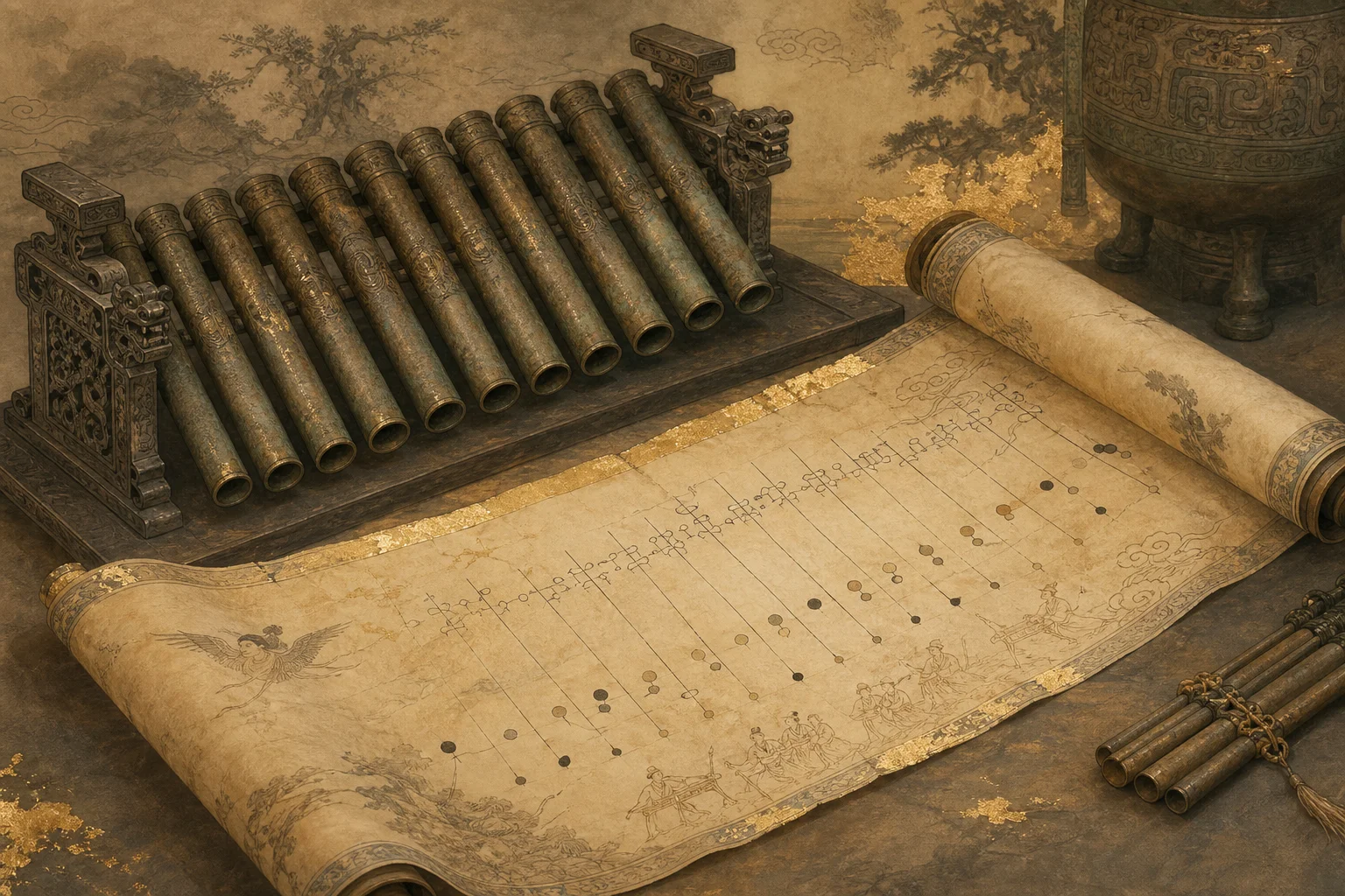Classical pitch pipes and notation scroll — twelve formal tones and four folk-clear tones