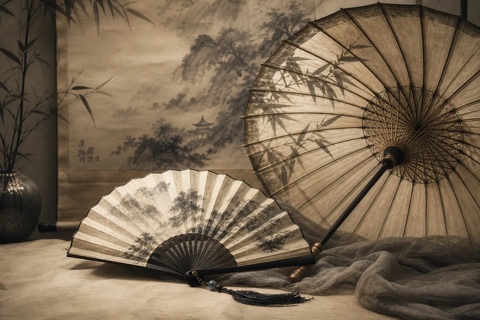 Ink-wash still life of a scholar's fan and oiled-paper umbrella as soft weapons of the jianghu