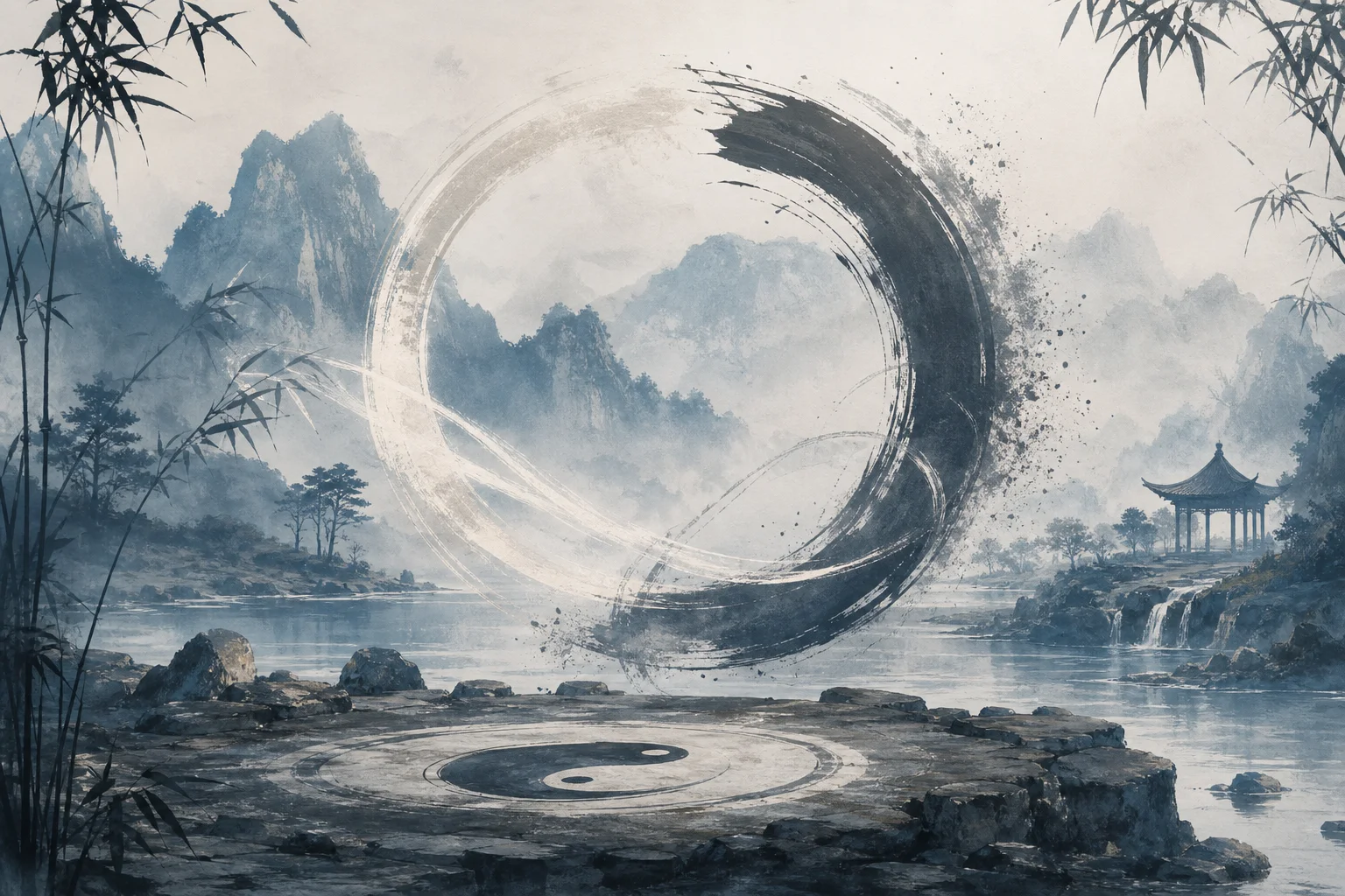 Soft Tai Chi circles in mist — mystic arts as redirection rather than brute force
