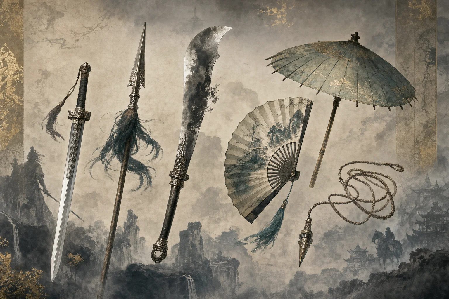 Sword, spear, fan, umbrella and mo blade arranged as cultural theatre in ink-wash mist