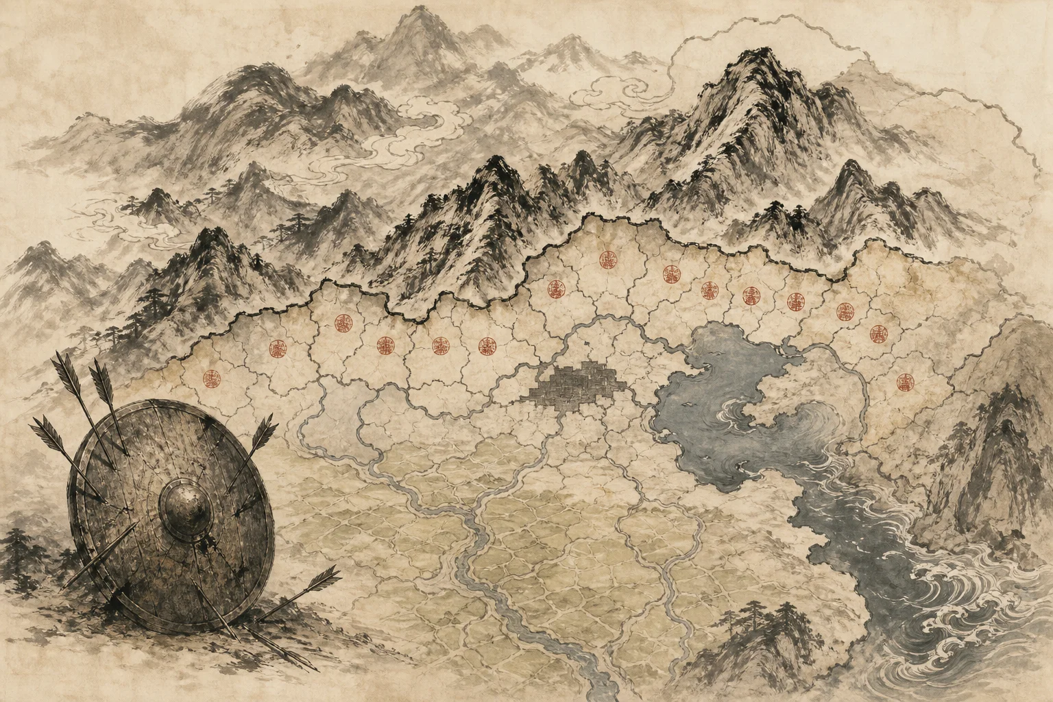 Ink-wash map concept — Yan Yun prefectures guarding mountain passes above the Central Plains