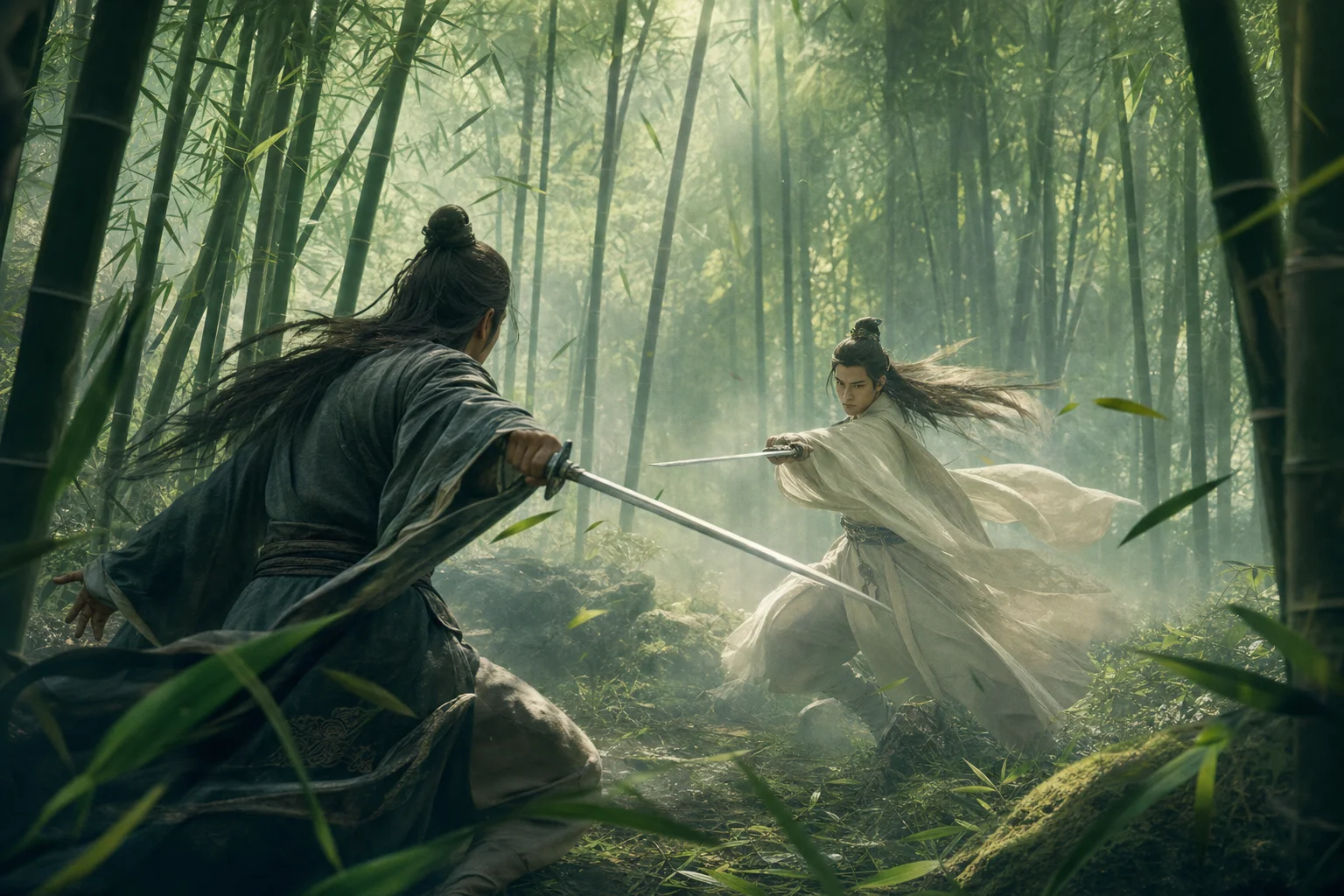 Bamboo grove duel with mist and drifting leaves — classic wuxia cinema stage