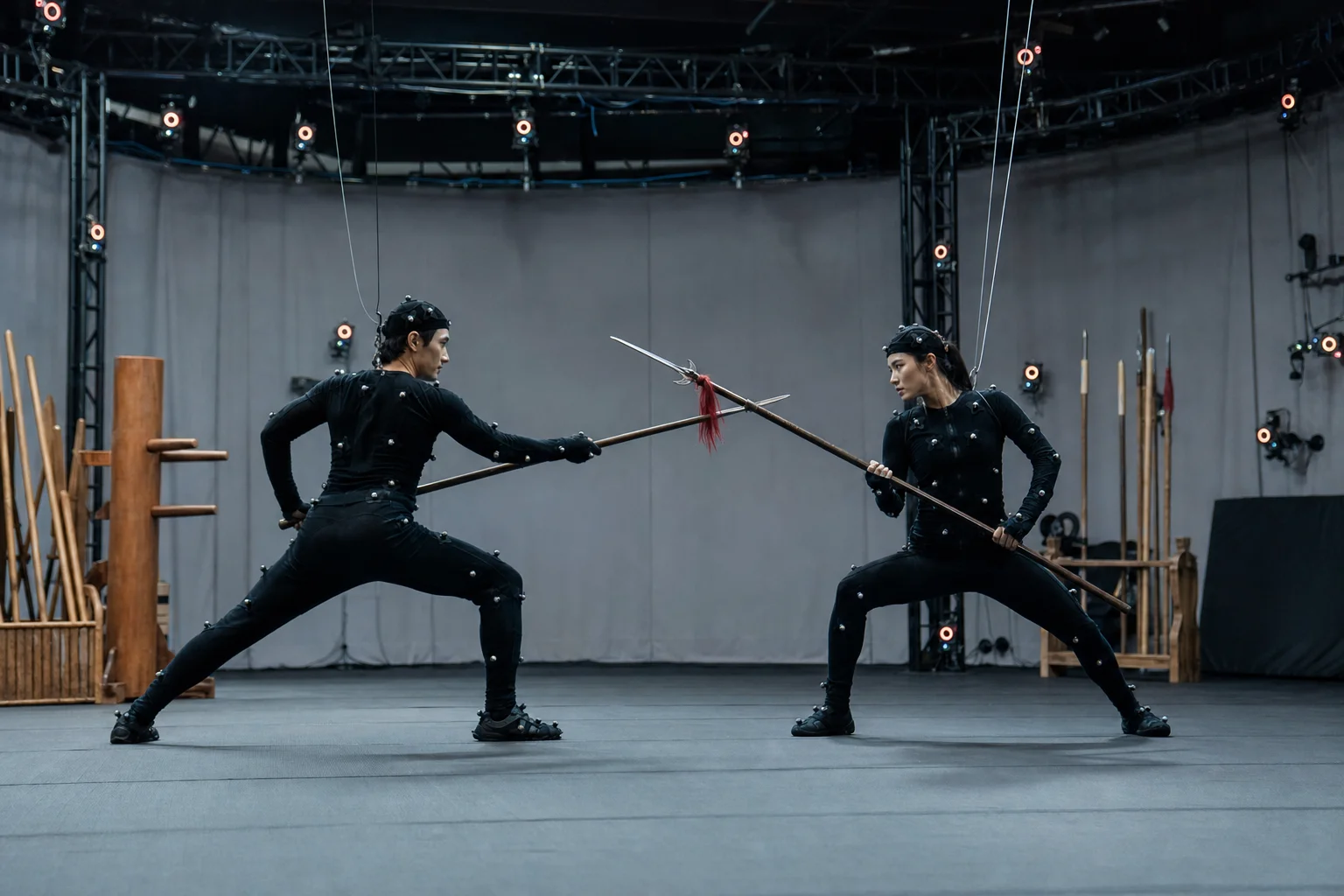 Martial artists in motion-capture suits practice a spear clash under studio lights and safety wires