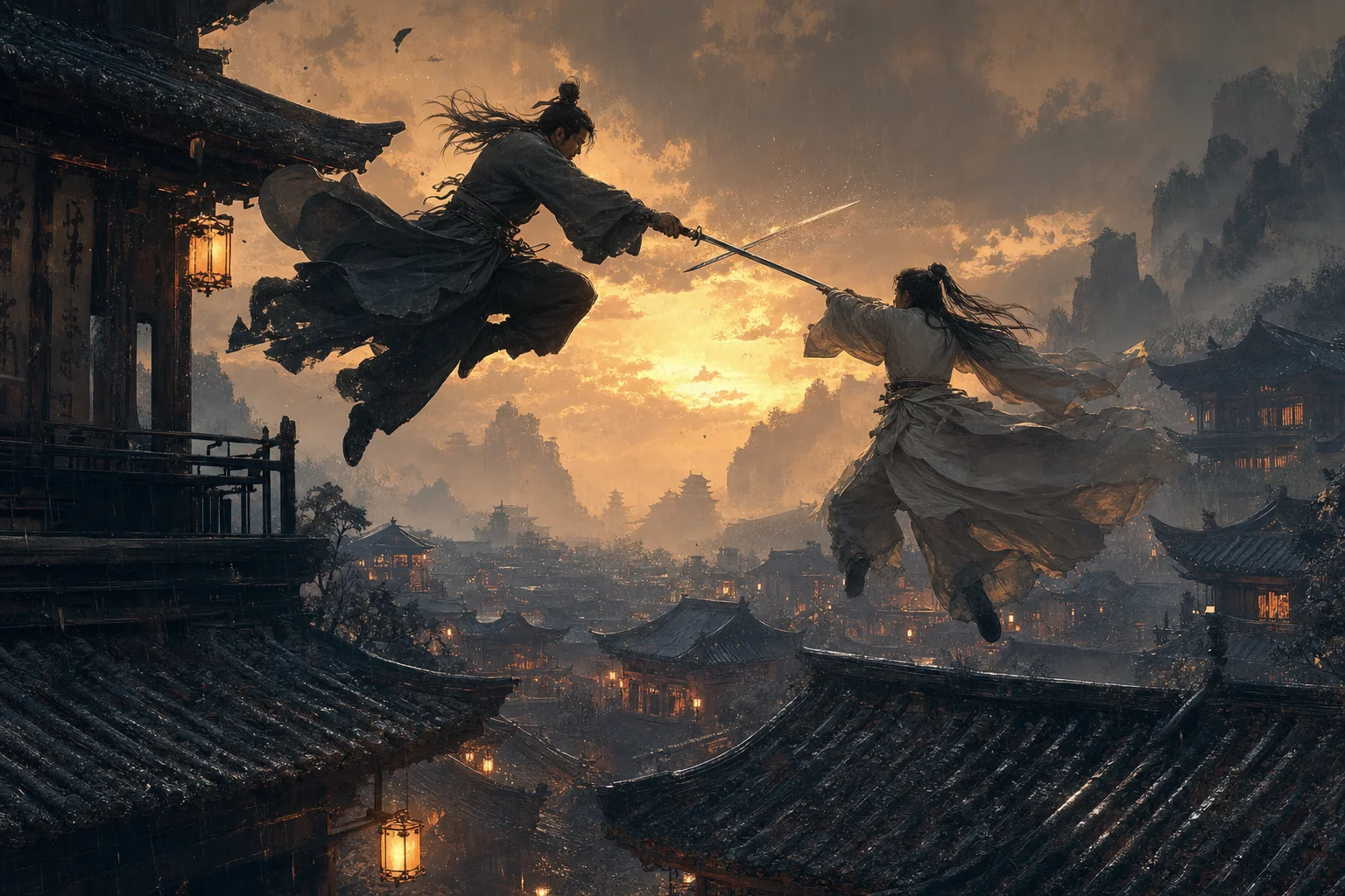 Two martial artists lock blades mid-air above lantern-lit rooftops — Hong Kong wuxia cinema grammar