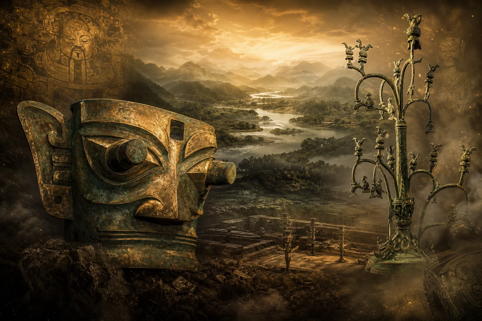 Ancient Shu — bronze mask and sacred tree motifs evoking Sanxingdui and the mythic past beneath Sichuan