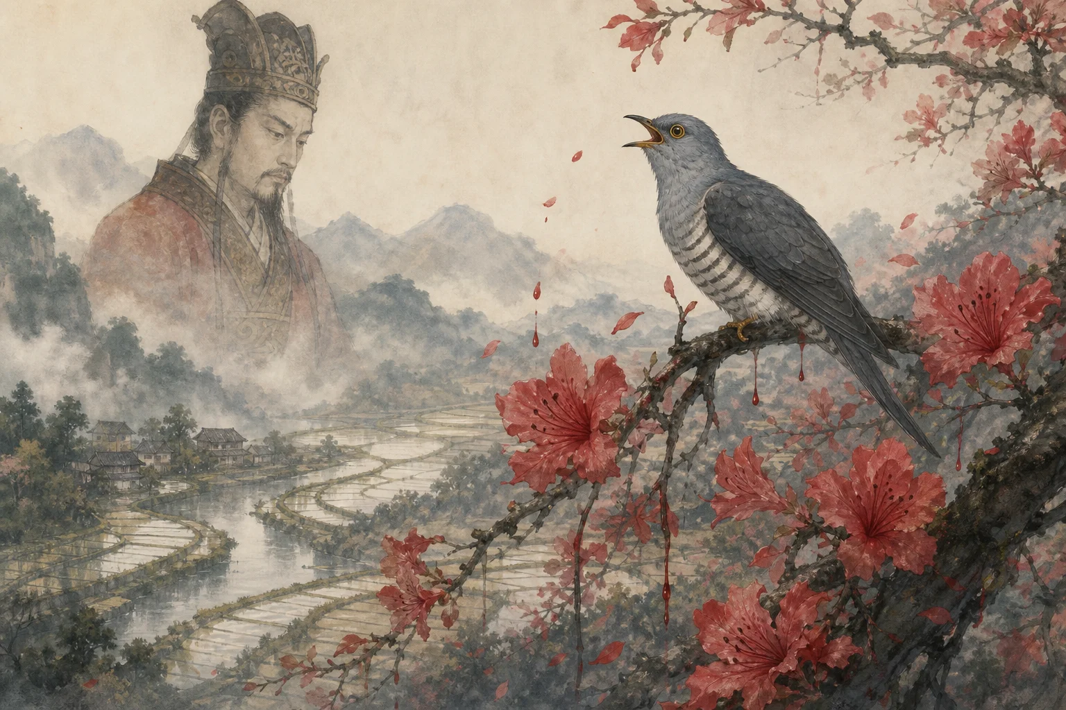 Du Yu transformed into a cuckoo — misty Shu landscape with a cuckoo bird and blood-red azalea blossoms evoking the 'cuckoo weeps blood' legend