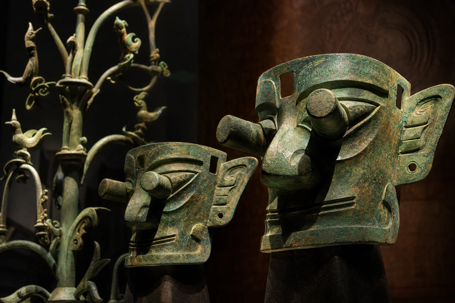 Sanxingdui-style bronze masks with protruding eyes and stylized bird motifs — archaeological inspiration for the game's visual design